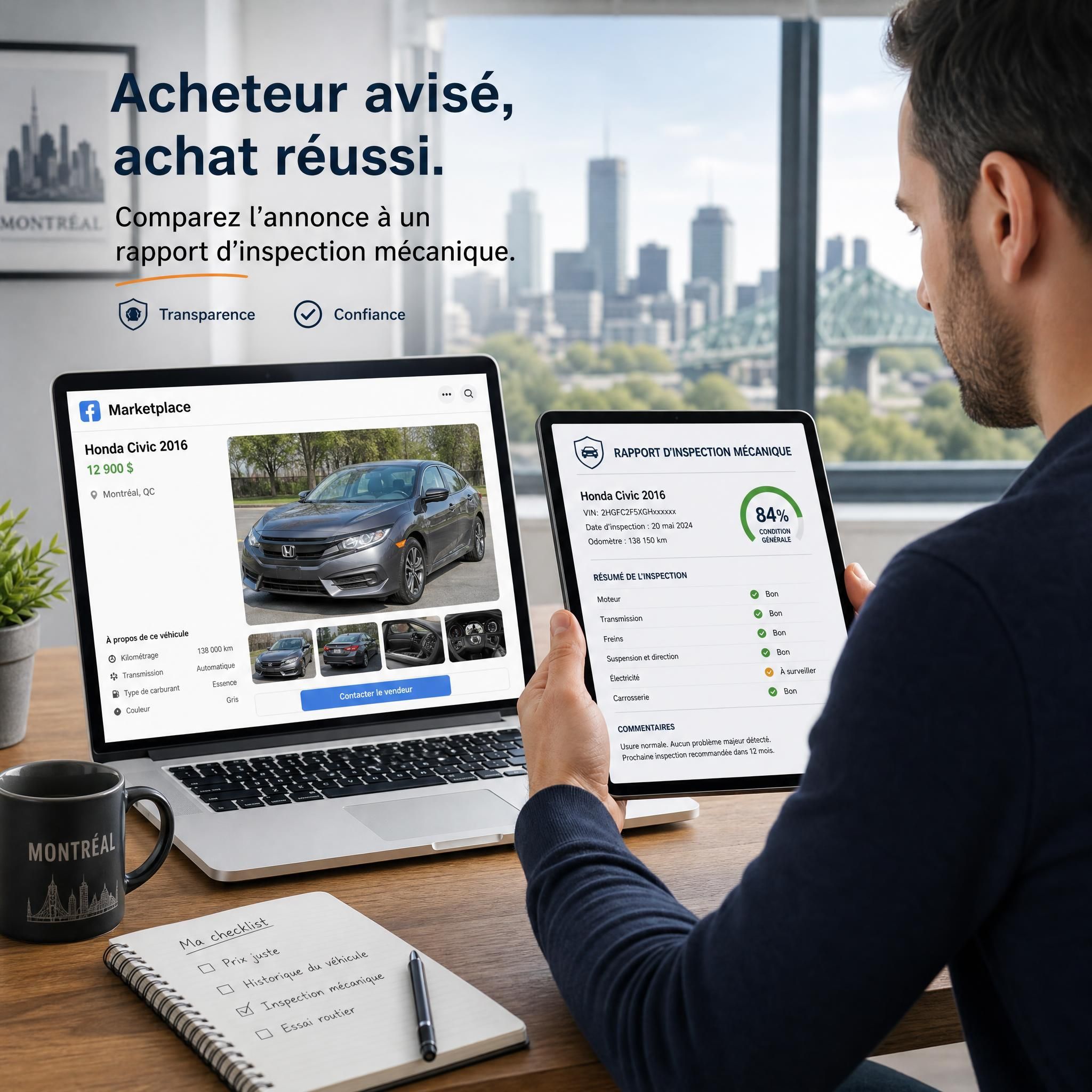 Acheteur de véhicule d'occasion Montréal comparant une annonce Marketplace avec un rapport d'inspection mécanique sur tablette