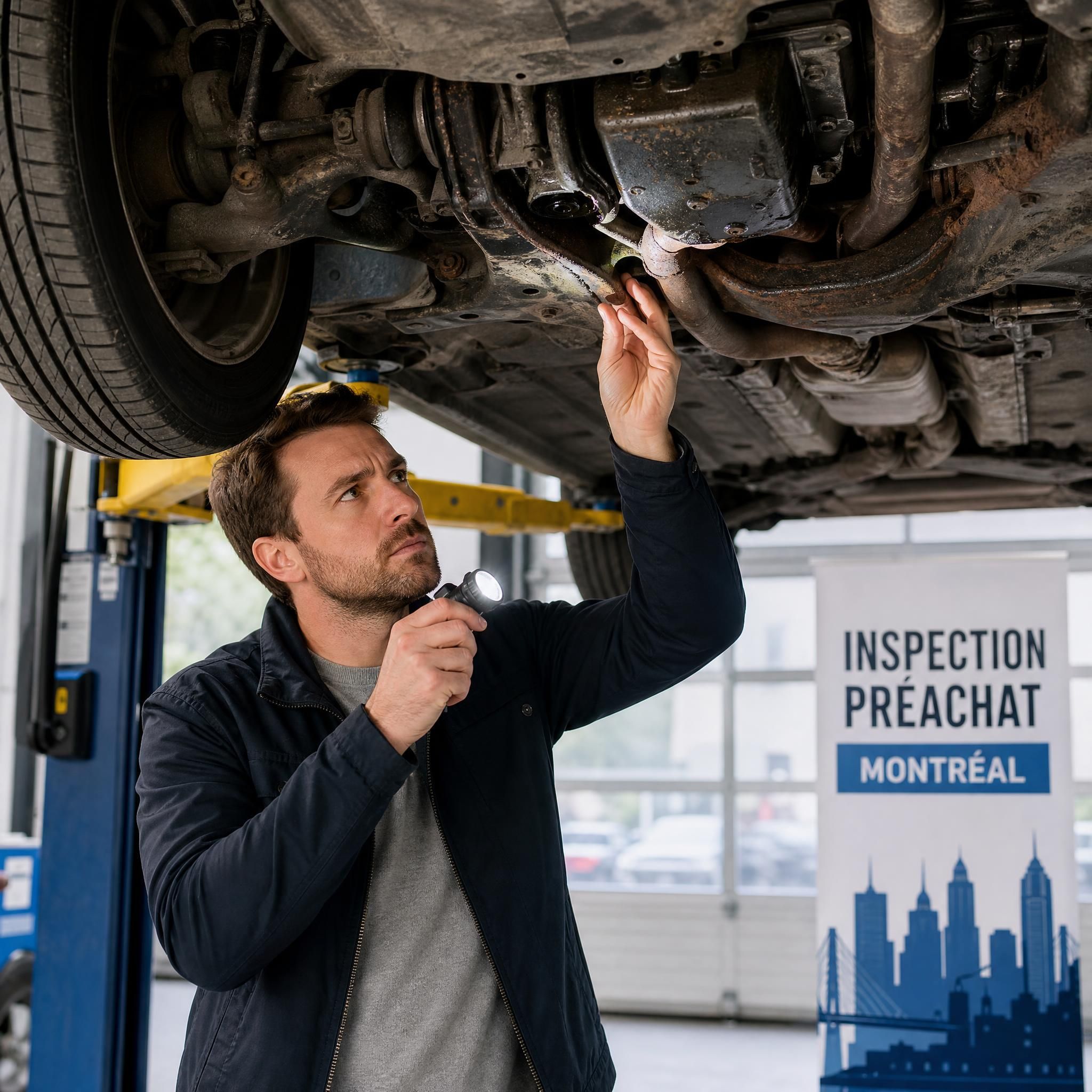 Acheteur découvrant un problème mécanique sous un véhicule d'occasion à Montréal — inspection préachat Montréal
