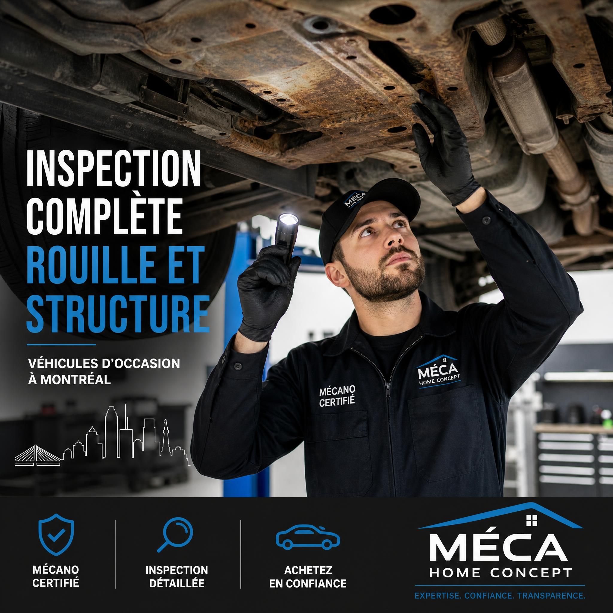 Mécano certifié Méca Home Concept inspectant le dessous d'un véhicule d'occasion à Montréal — rouille et structure