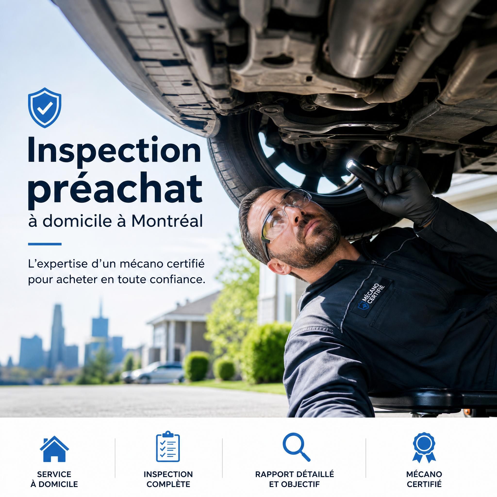 Mécano certifié effectuant une inspection préachat automobile à domicile à Montréal, vérifiant le dessous d'un véhicule d'occasion
