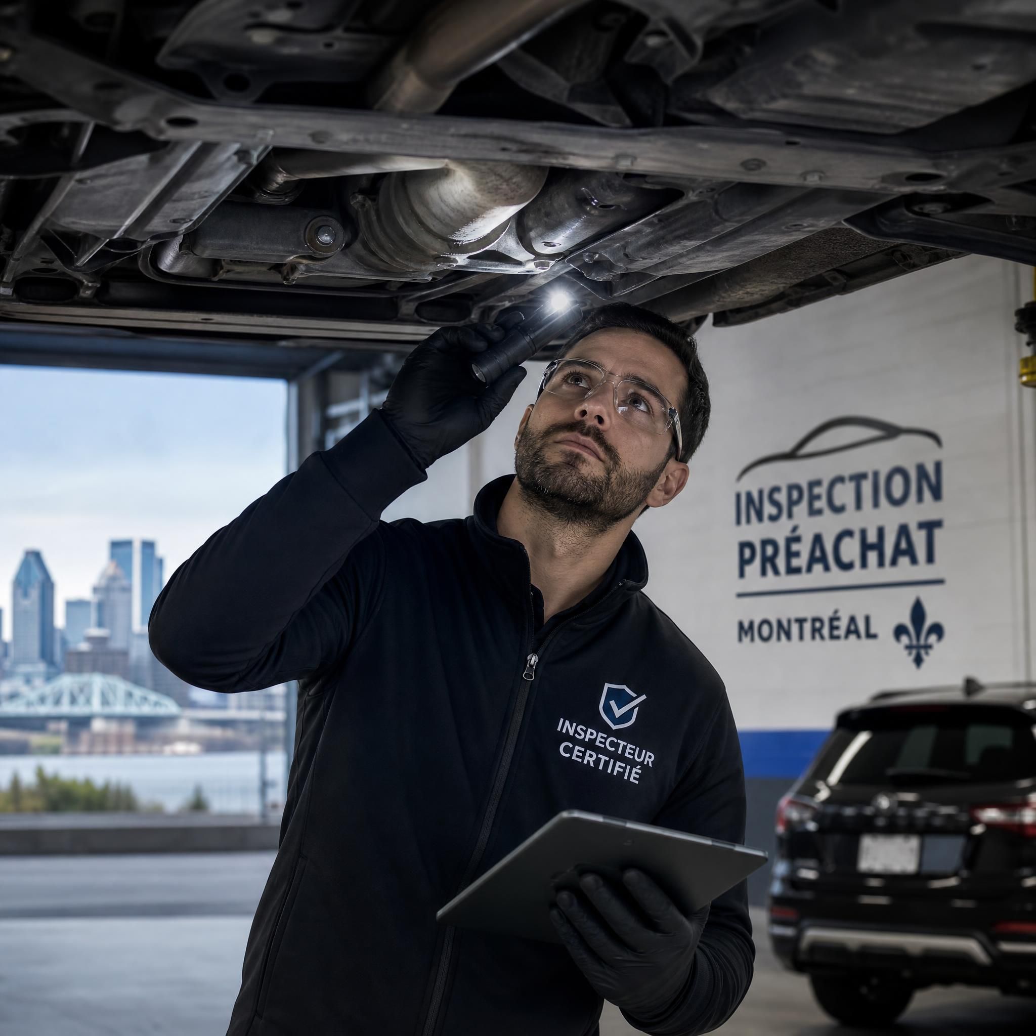Inspecteur automobile certifié effectuant une inspection préachat sous un véhicule d'occasion à Montréal