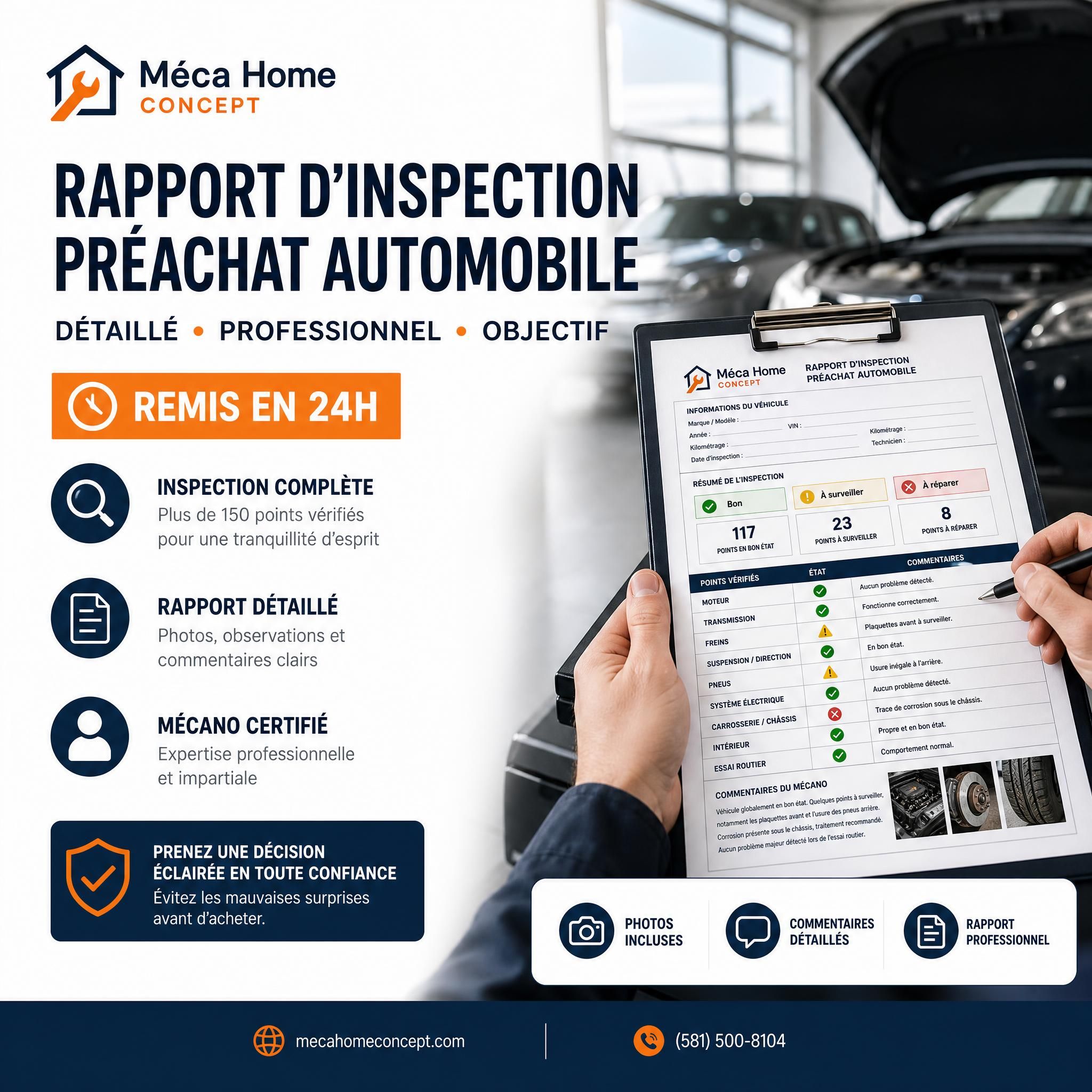 Rapport d'inspection préachat automobile détaillé remis en 24h par Méca Home Concept, avec points vérifiés et commentaires du mécano certifié