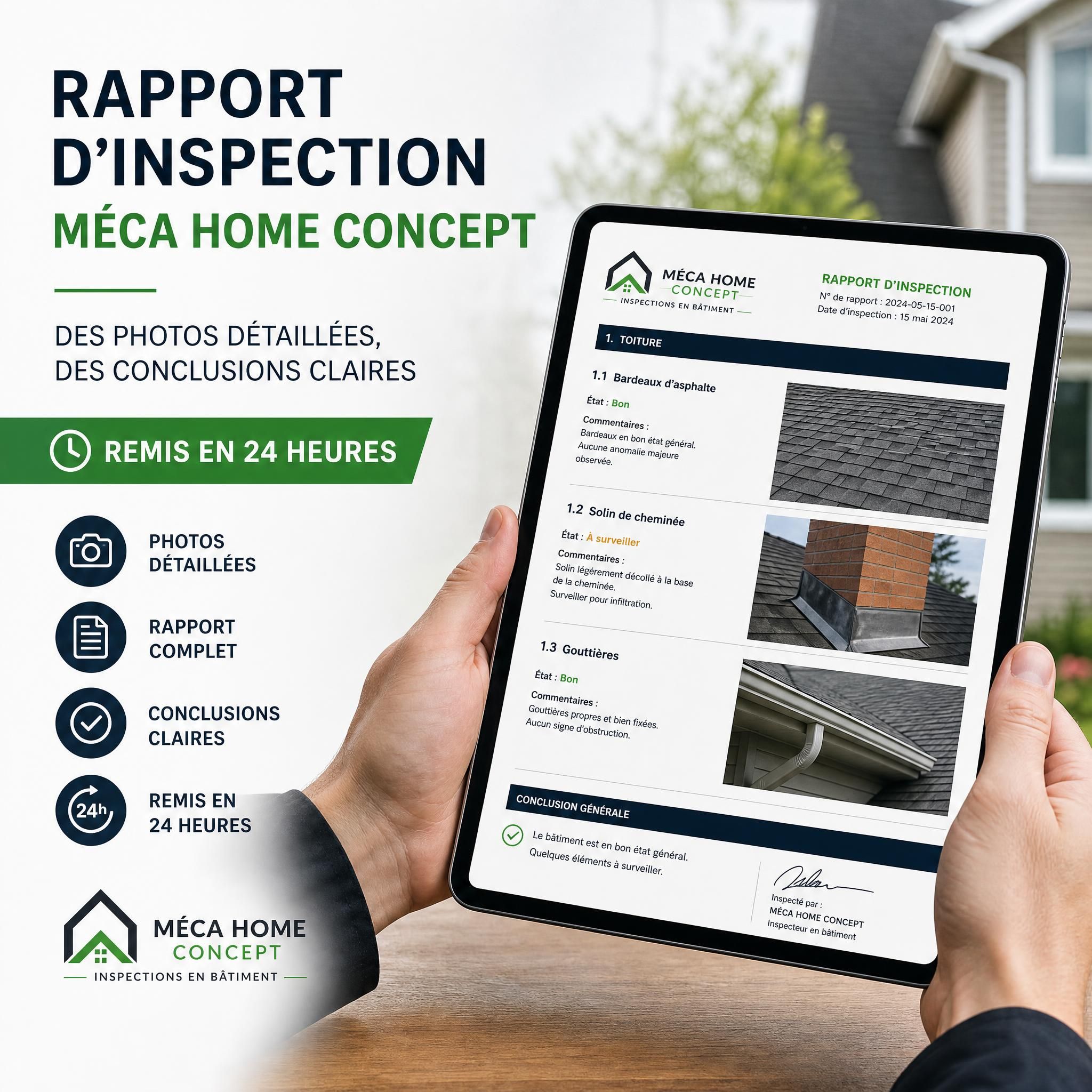 Rapport d'inspection Méca Home Concept avec photos détaillées remis en 24 heures sur tablette numérique