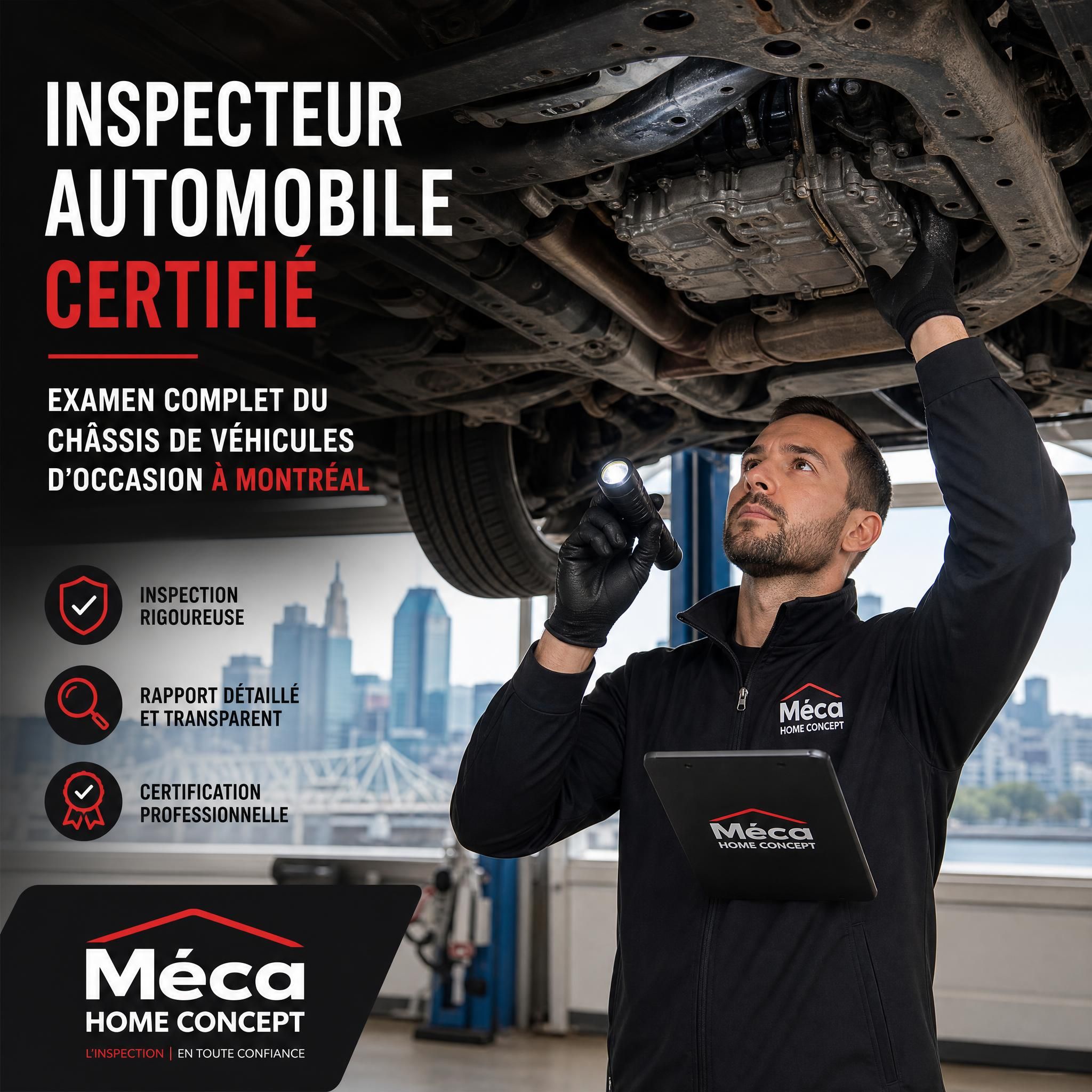Inspecteur automobile certifié Méca Home Concept examinant le châssis d'un véhicule d'occasion à Montréal