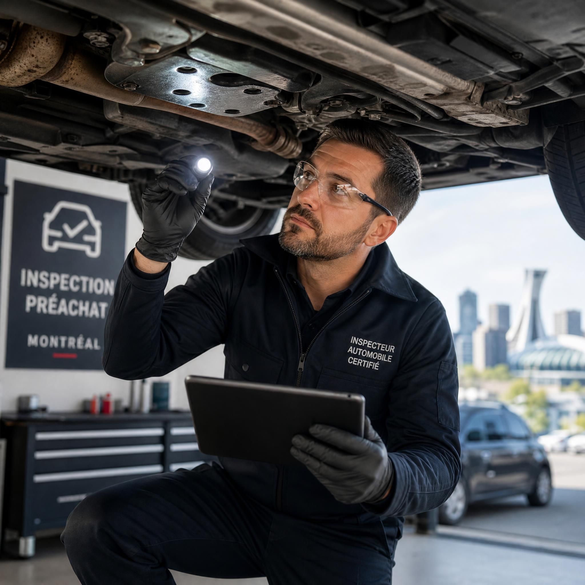 Inspecteur automobile certifié effectuant une inspection préachat sous un véhicule d'occasion à Montréal avec lampe de poche et tablette numérique