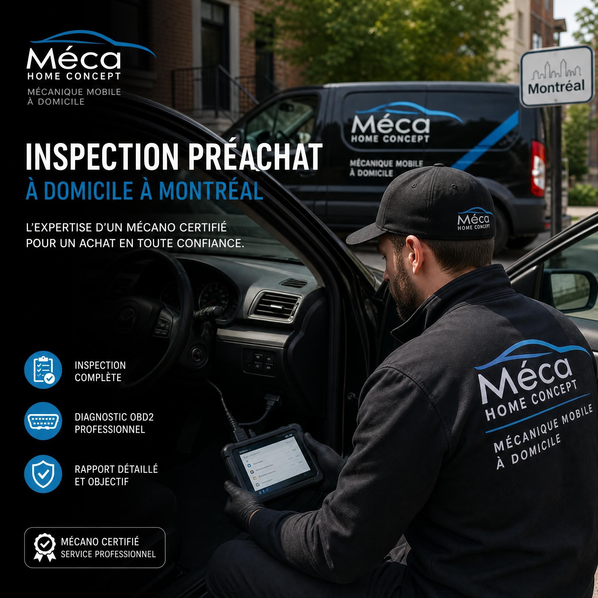 Mécano certifié Méca Home Concept avec outil de diagnostic OBD2 connecté à un véhicule d'occasion lors d'une inspection préachat à domicile à Montréal