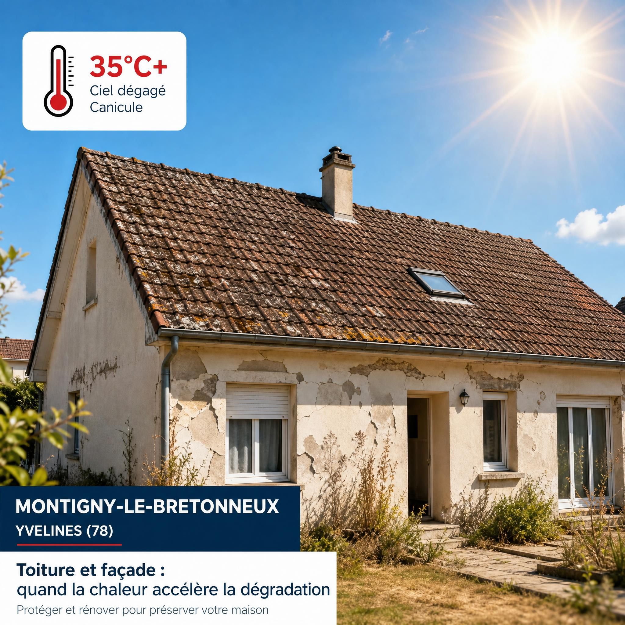 Toiture de maison individuelle dans les Yvelines avec tuiles vieillissantes et façade dégradée sous un ciel d'été caniculaire à Montigny-le-Bretonneux