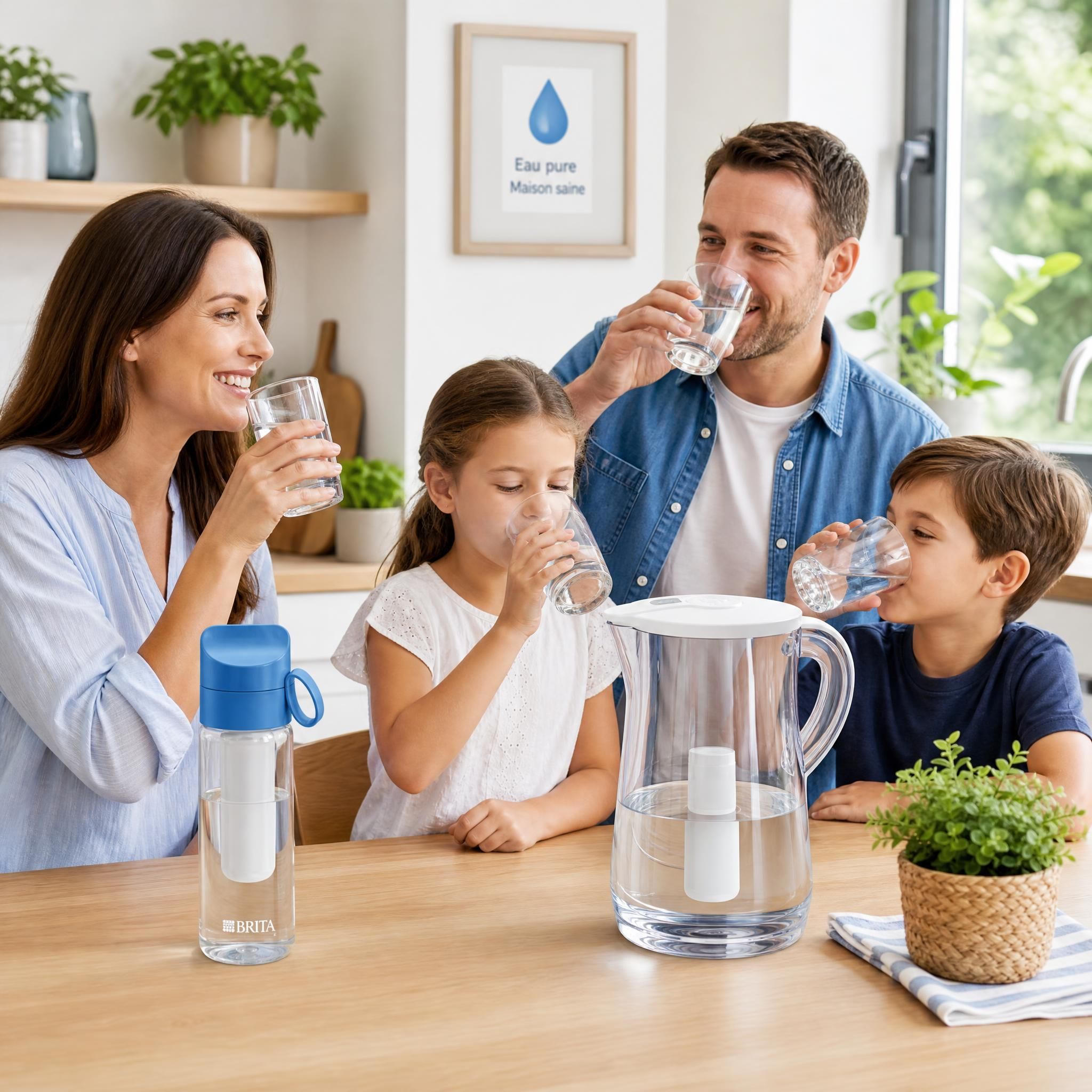 Famille heureuse buvant de l'eau filtrée propre à la maison, gourde filtrante et carafe posées sur la table de cuisine