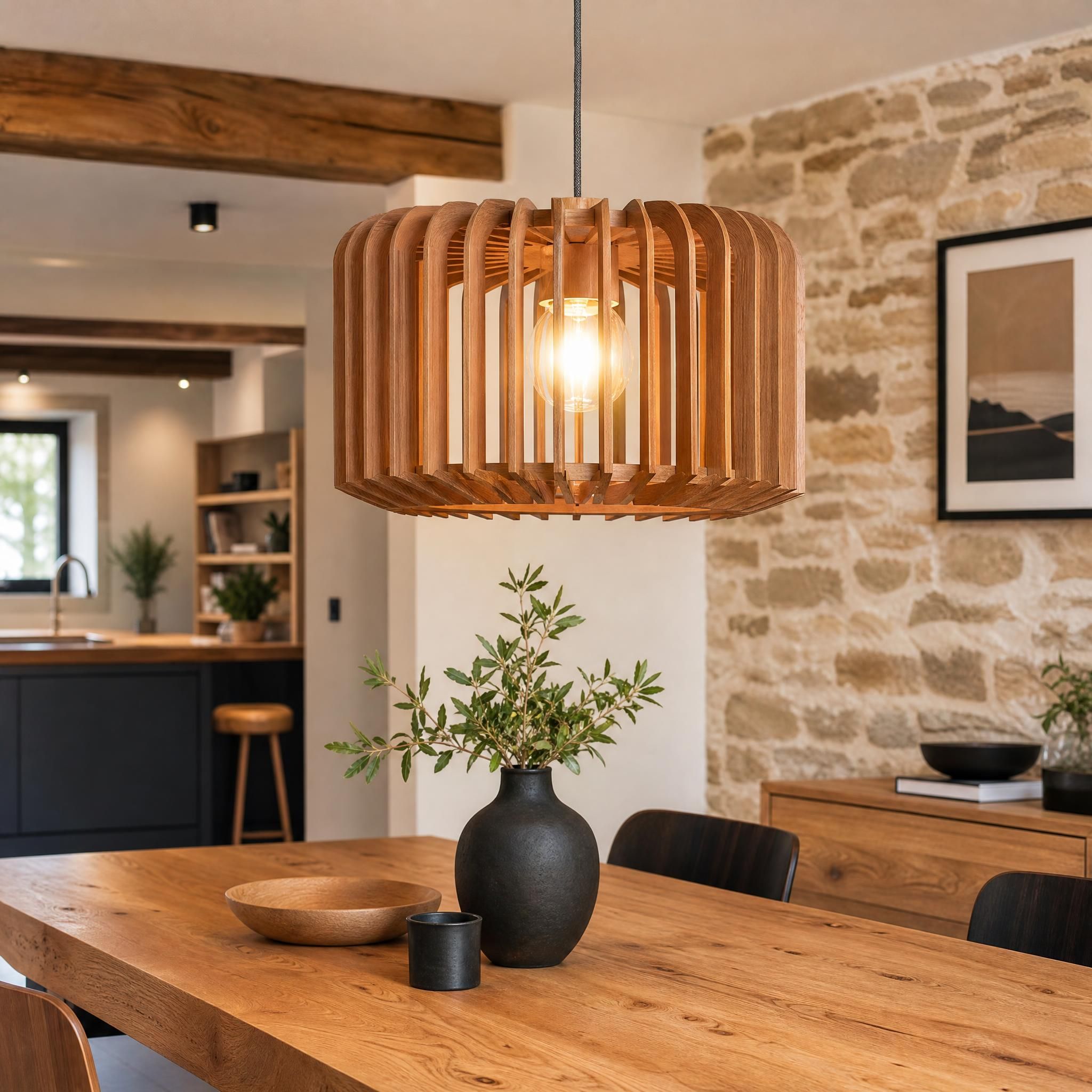 Luminaire en bois artisanal suspendu au-dessus d'une table en chêne dans un intérieur rénové chaleureux, style naturel et contemporain