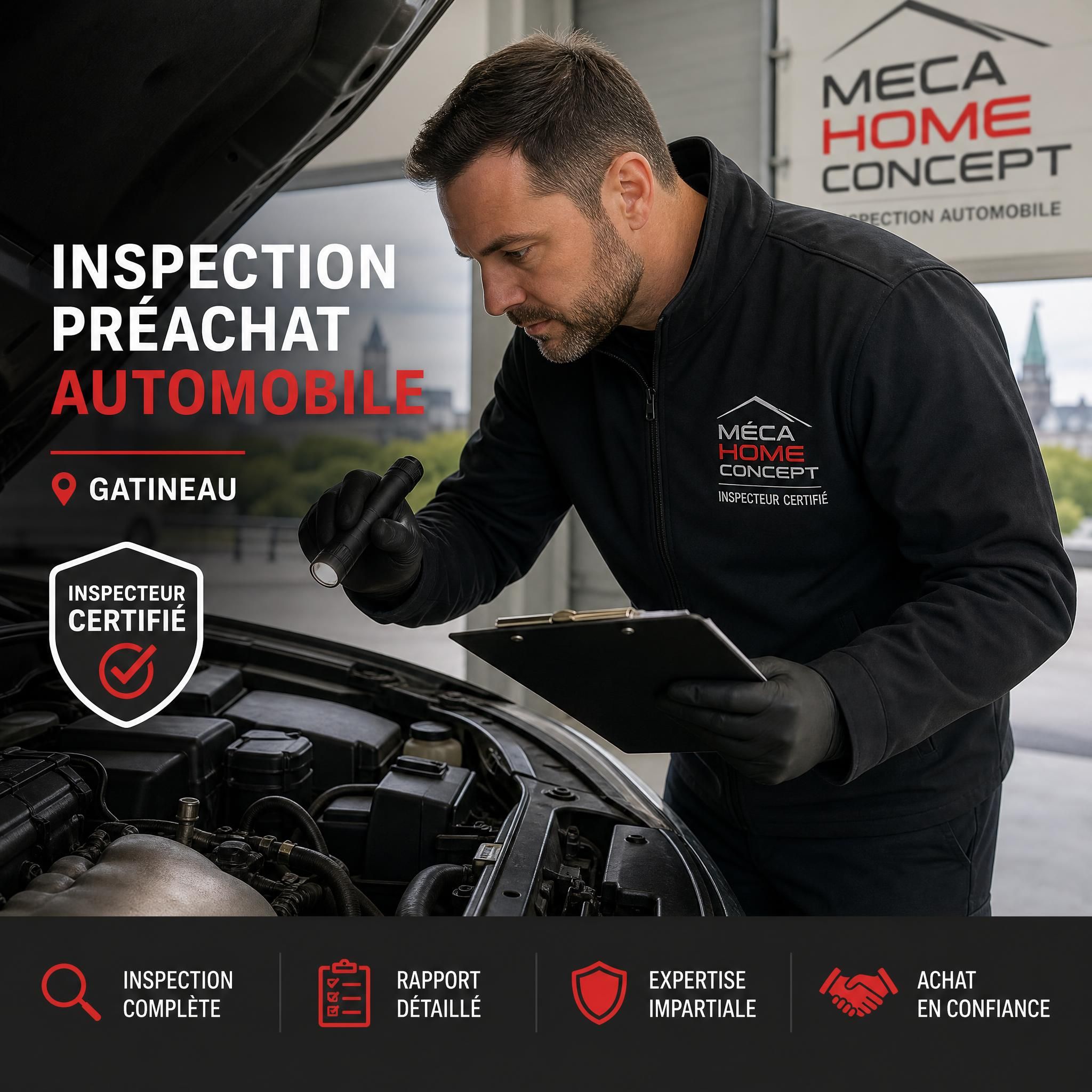 Inspecteur certifié Méca Home Concept effectuant une inspection préachat automobile à Gatineau, sous le capot d'un véhicule d'occasion