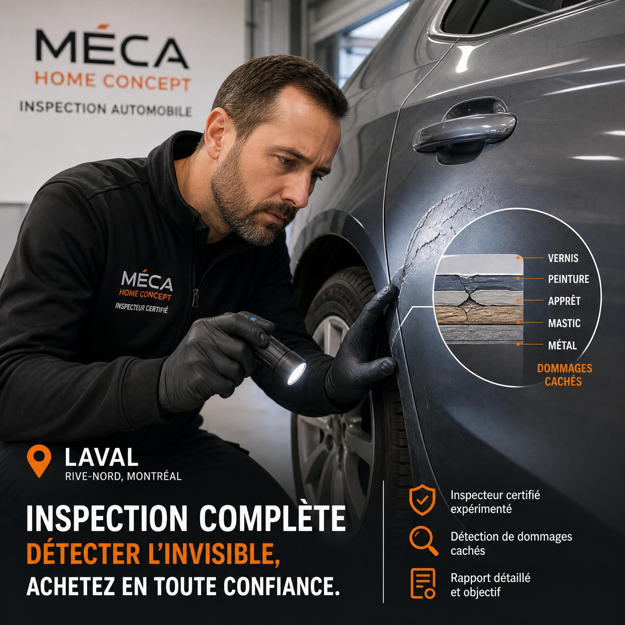 Inspecteur automobile certifié Méca Home Concept qui examine la carrosserie d'un véhicule d'occasion à Laval, détectant des dommages cachés sous la peinture