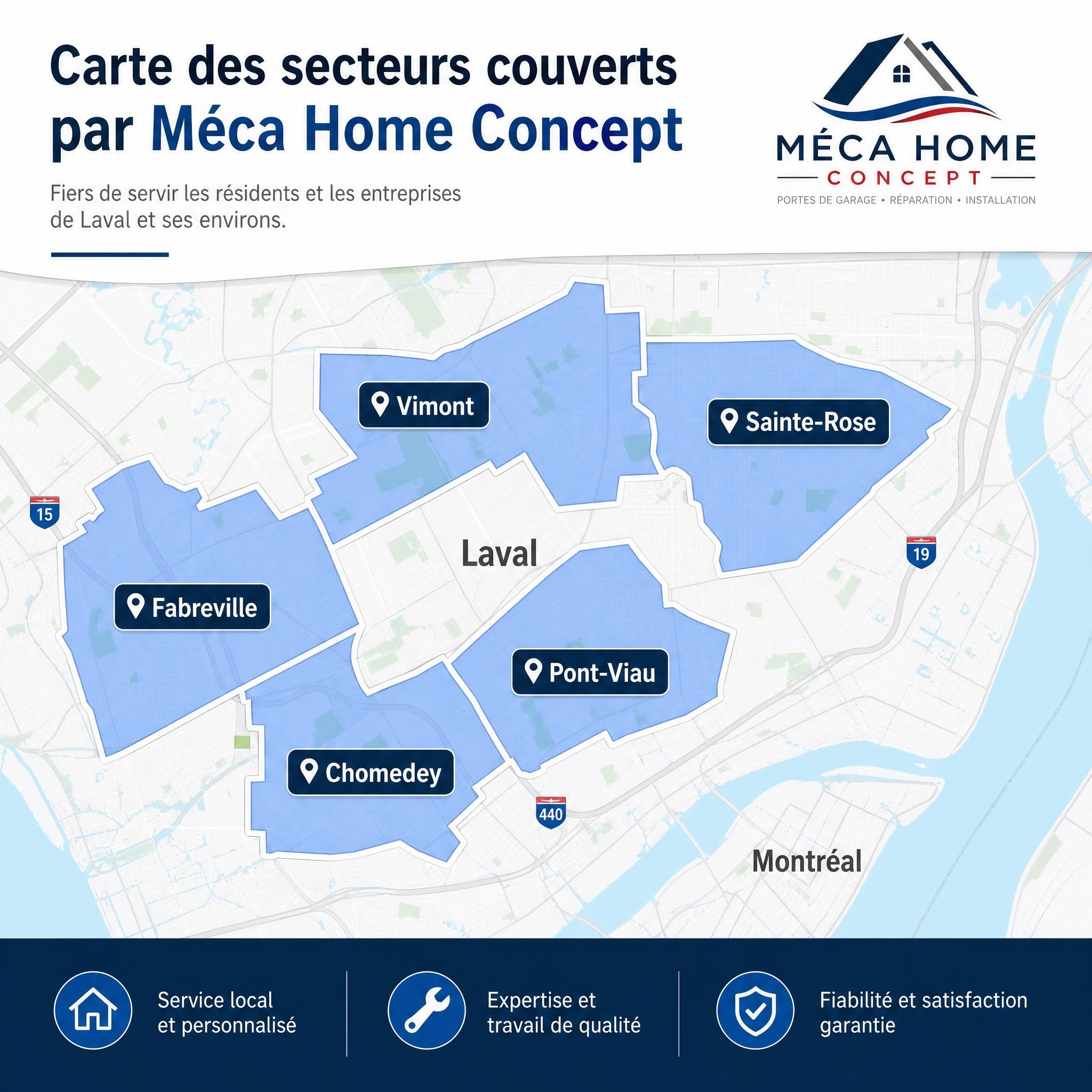 Carte des secteurs couverts par Méca Home Concept à Laval — Chomedey, Vimont, Sainte-Rose, Fabreville, Pont-Viau