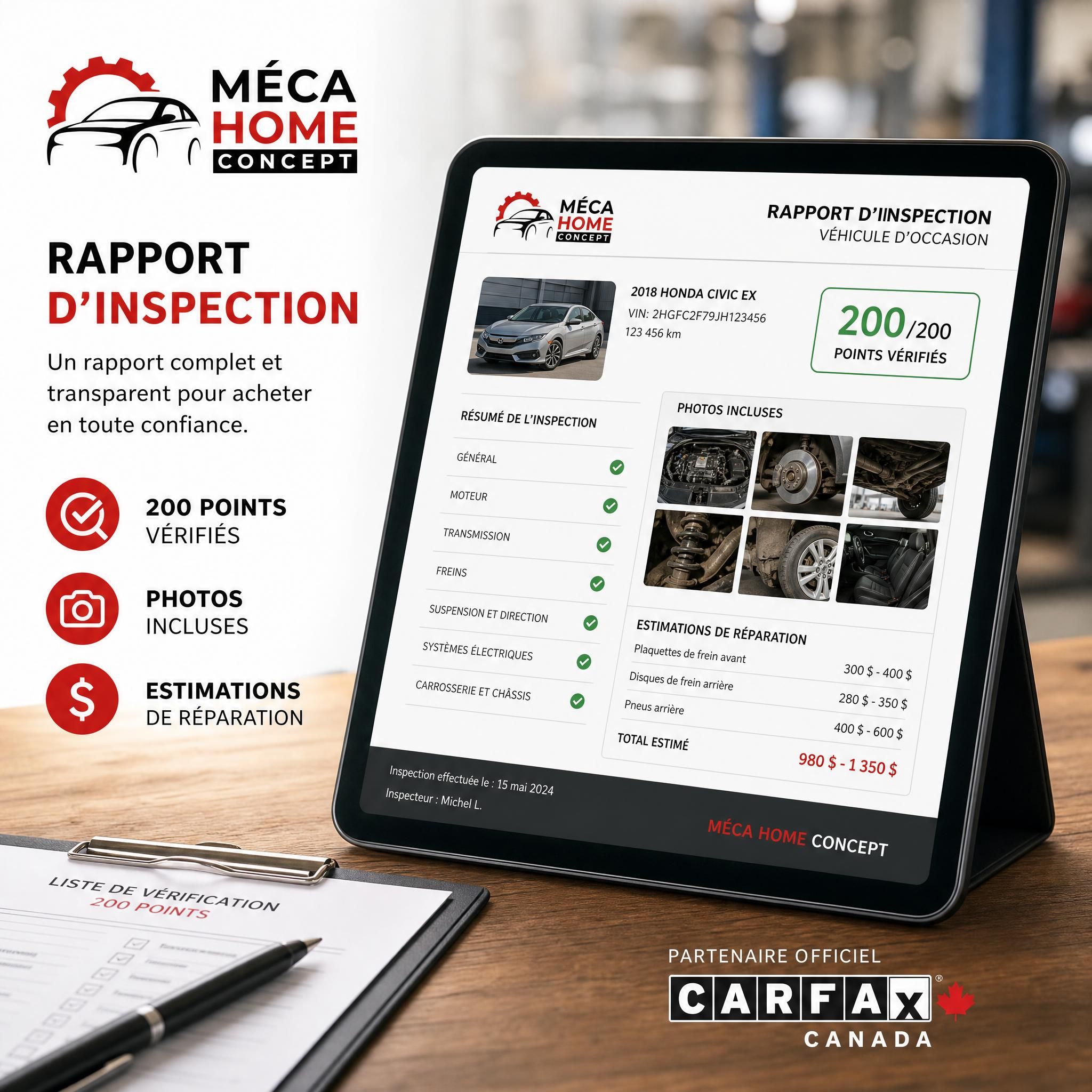 Rapport d'inspection Méca Home Concept sur tablette, montrant les 200 points vérifiés avec photos et estimations de réparation, partenaire CARFAX Canada