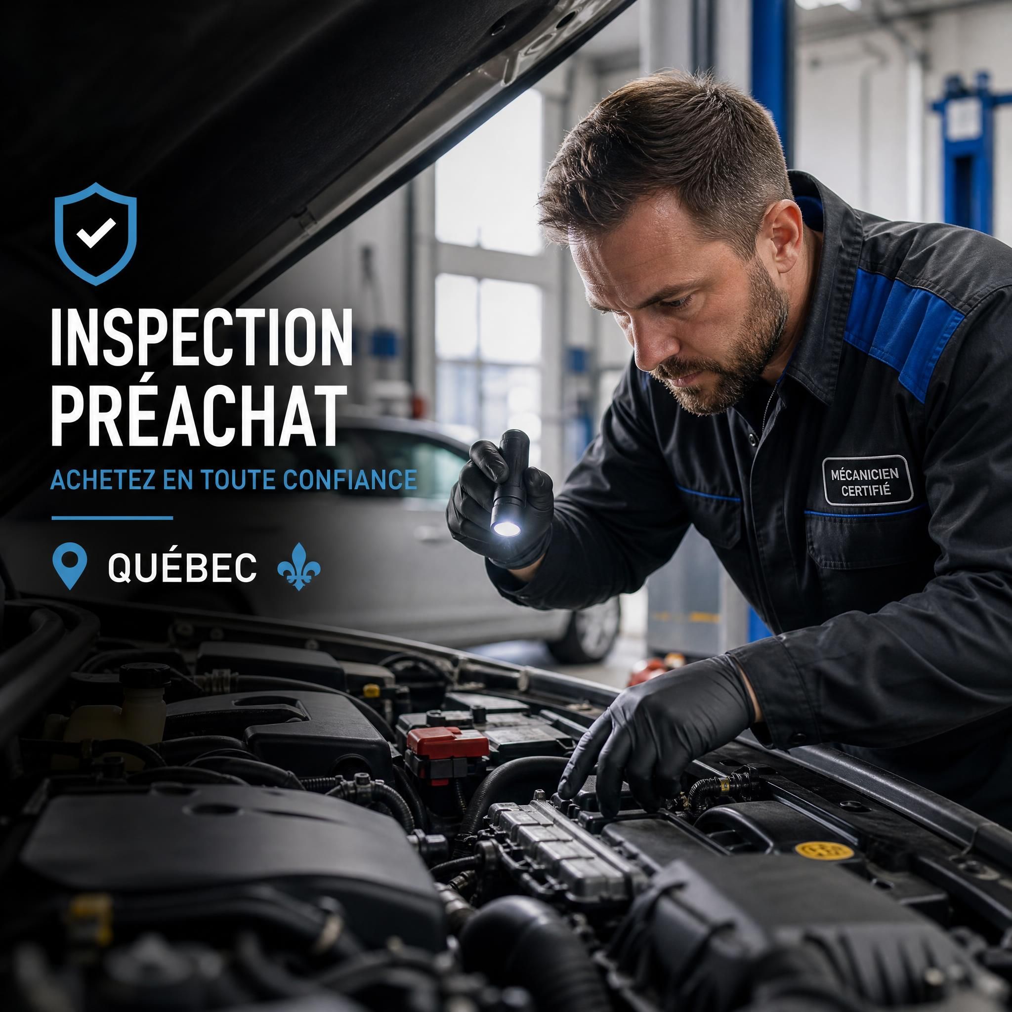 Mécanicien certifié effectuant une inspection préachat sur un véhicule d'occasion à Québec, sous le capot moteur