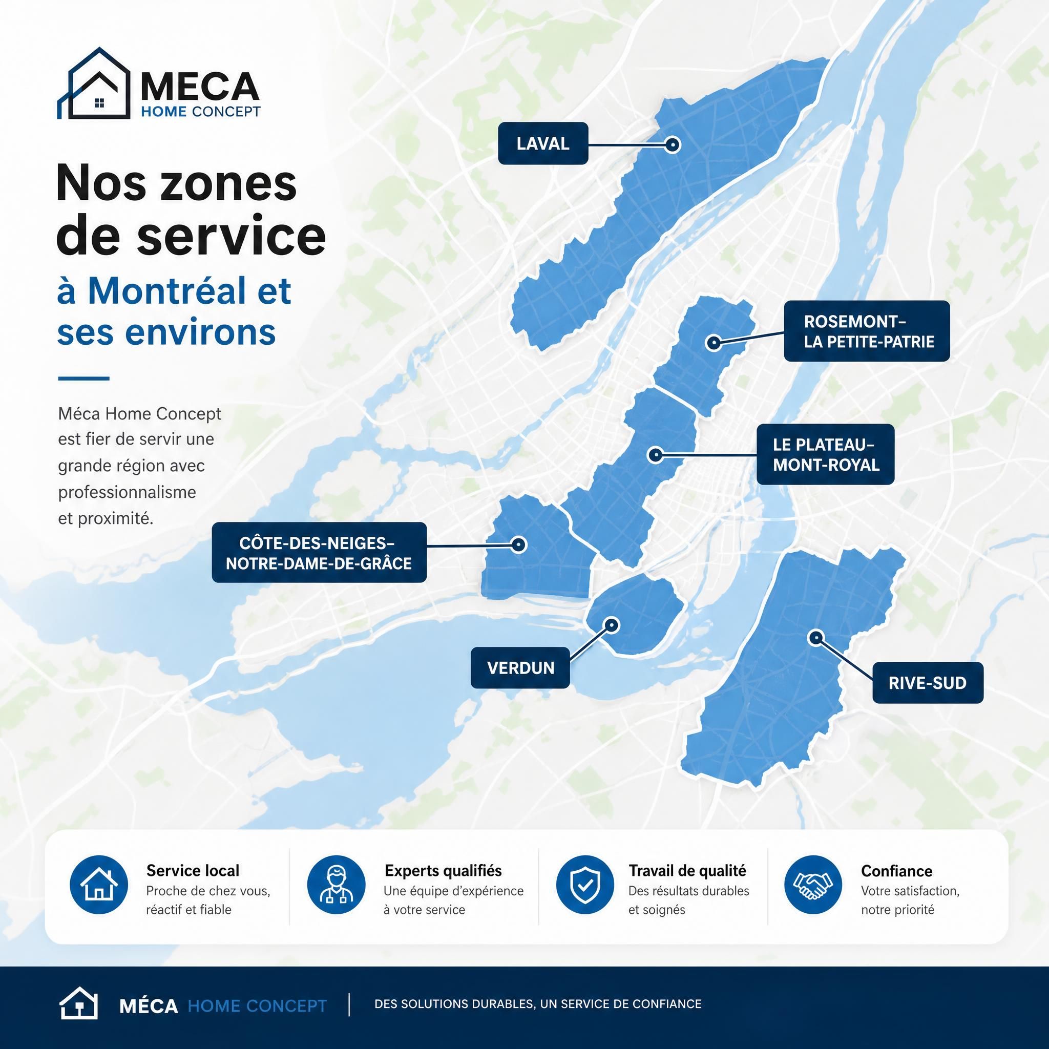 Carte des zones de service de Méca Home Concept à Montréal incluant Plateau, Rosemont, Verdun, NDG, Laval et Rive-Sud