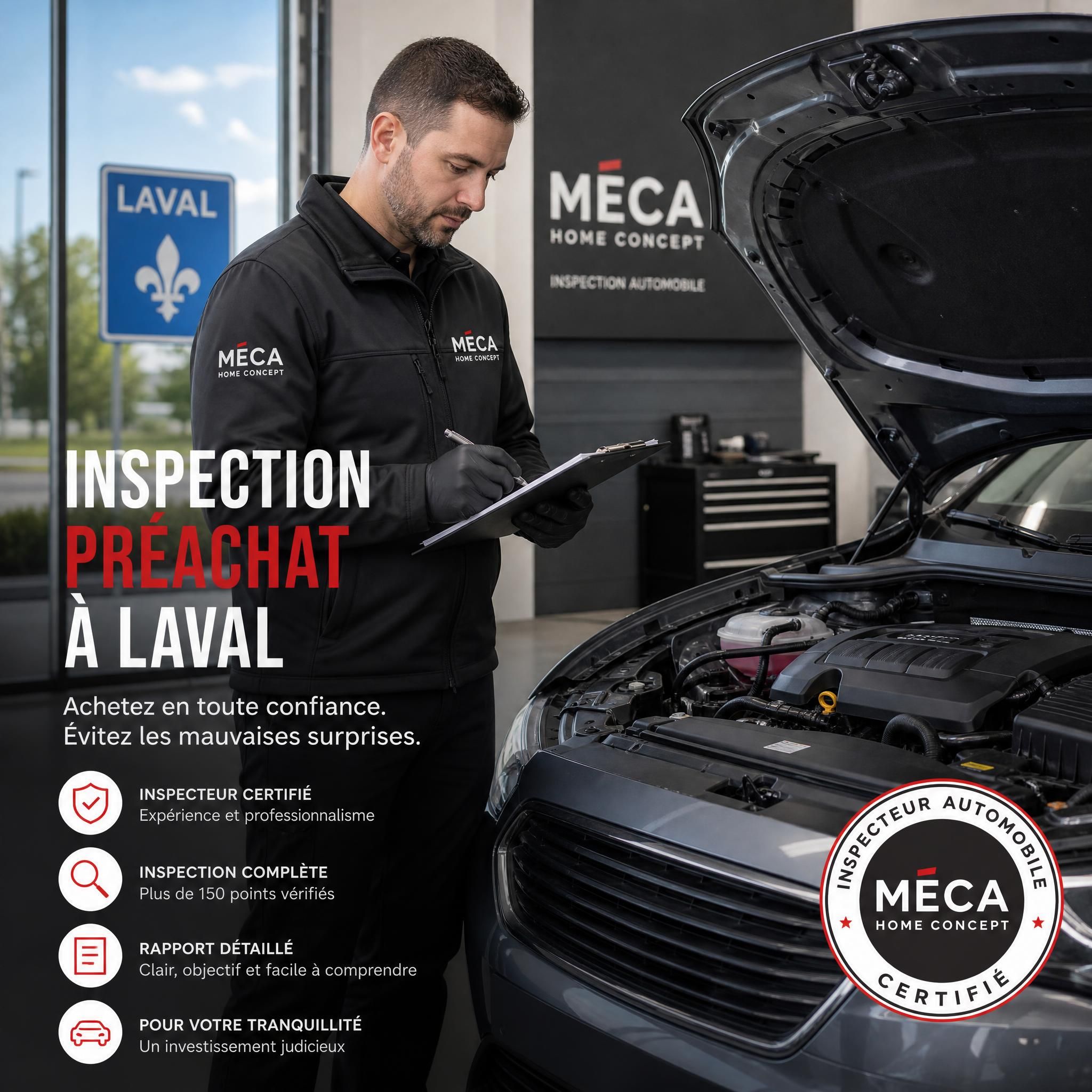 Inspecteur automobile certifié Méca Home Concept effectuant une inspection préachat d'un véhicule d'occasion à Laval, Québec