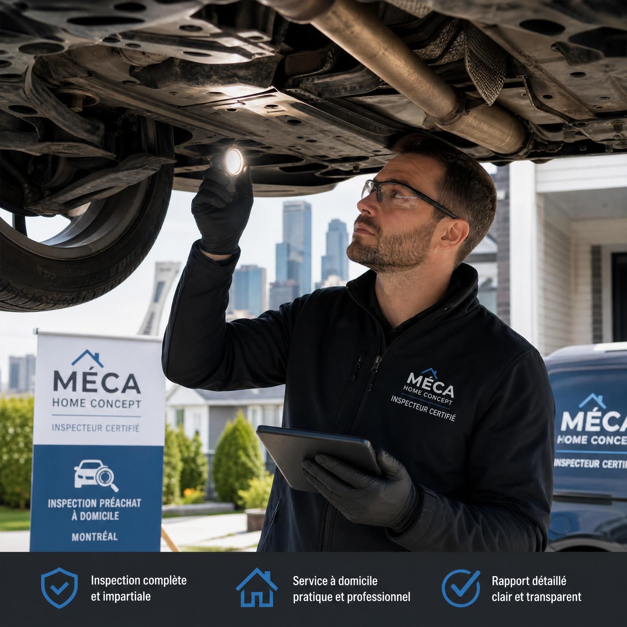 Inspecteur certifié Méca Home Concept examinant le dessous d'un véhicule d'occasion à Montréal lors d'une inspection préachat à domicile
