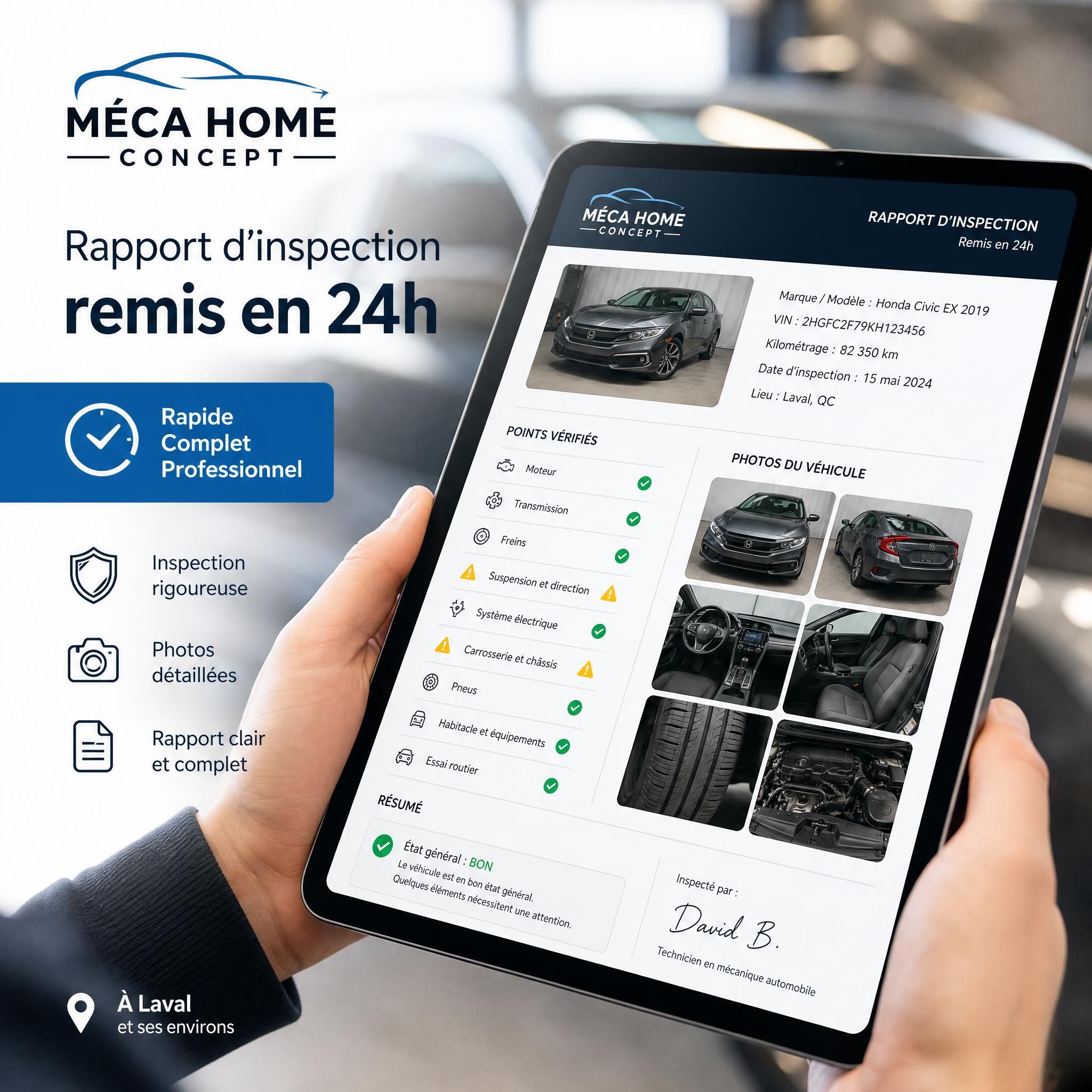 Rapport d'inspection Méca Home Concept remis en 24h sur tablette numérique, montrant les points vérifiés et les photos du véhicule d'occasion à Laval