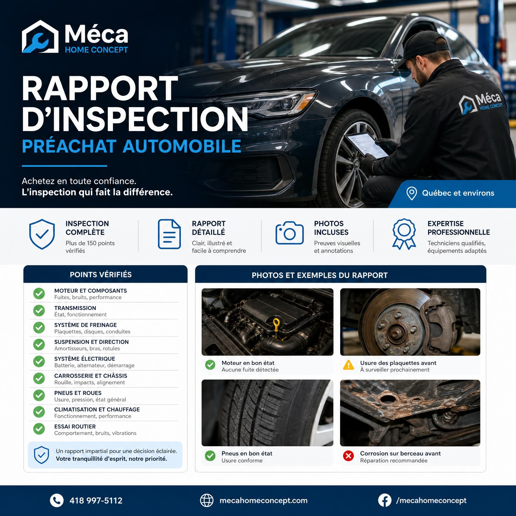 Rapport d'inspection préachat automobile Méca Home Concept avec photos et points vérifiés, véhicule d'occasion Québec