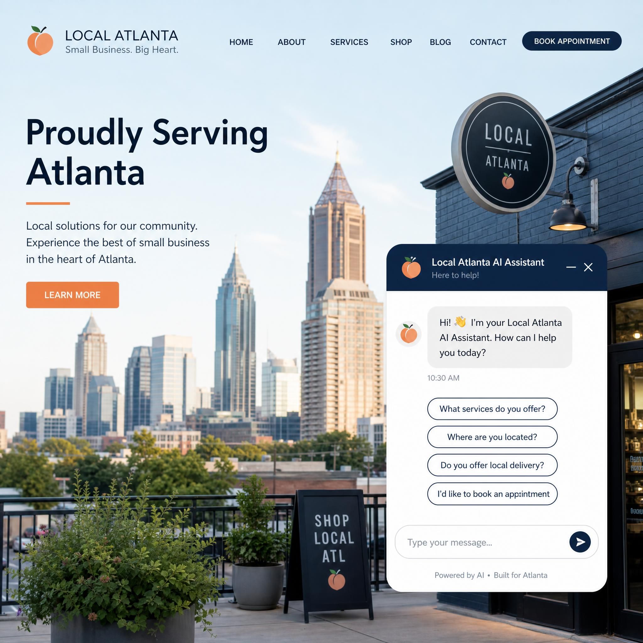AI chatbot interface on a small business website in Atlanta with Midtown skyline background
