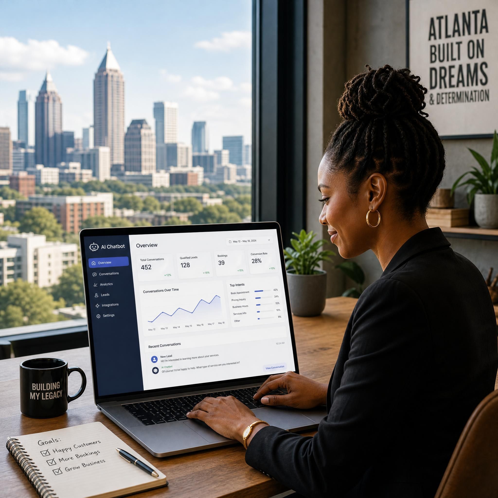 Atlanta small business owner reviewing AI chatbot dashboard on laptop with city skyline in background