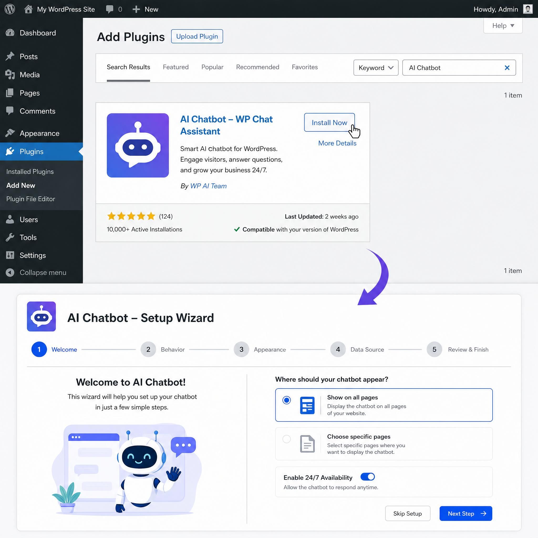 WordPress dashboard showing chatbot plugin installation screen with step-by-step setup wizard