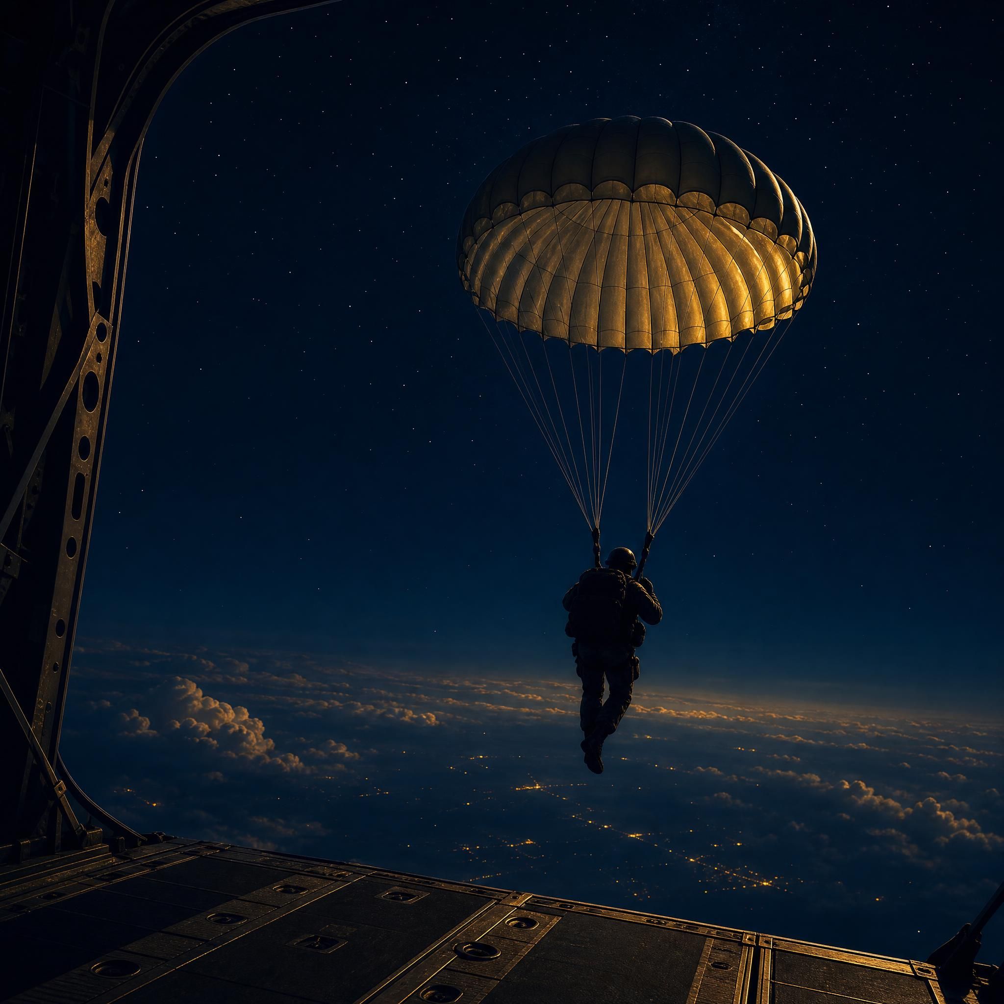 Parachutiste TAP en parachute rond sautant d'un aéronef de nuit — couleurs marine et or — Elos.care