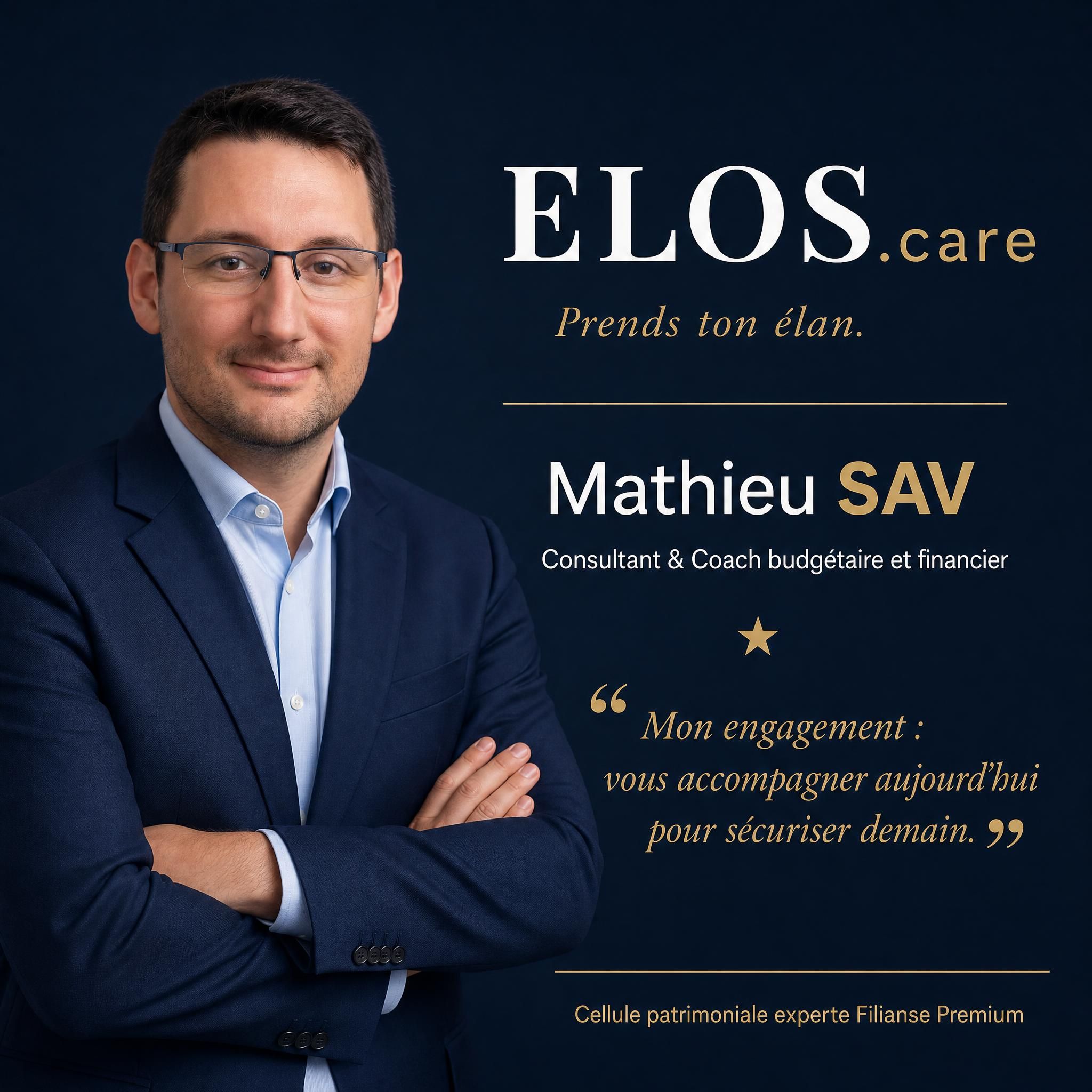 Mathieu SAV, Consultant / Coach accompagnement budgétaire et financier — couleurs marine et or — Elos.care