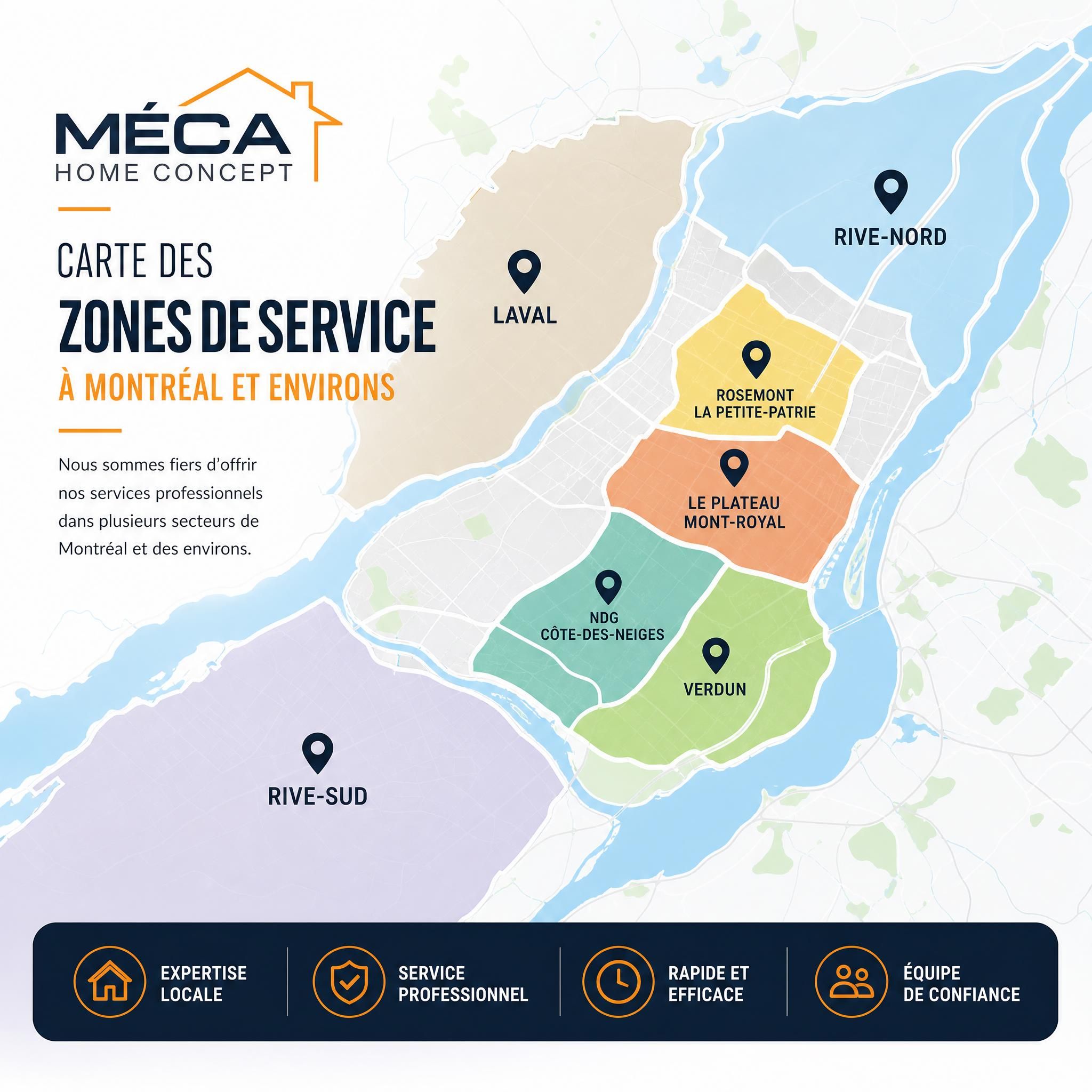 Carte des zones de service Méca Home Concept à Montréal — Plateau, Rosemont, NDG, Verdun, Laval, Rive-Sud, Rive-Nord