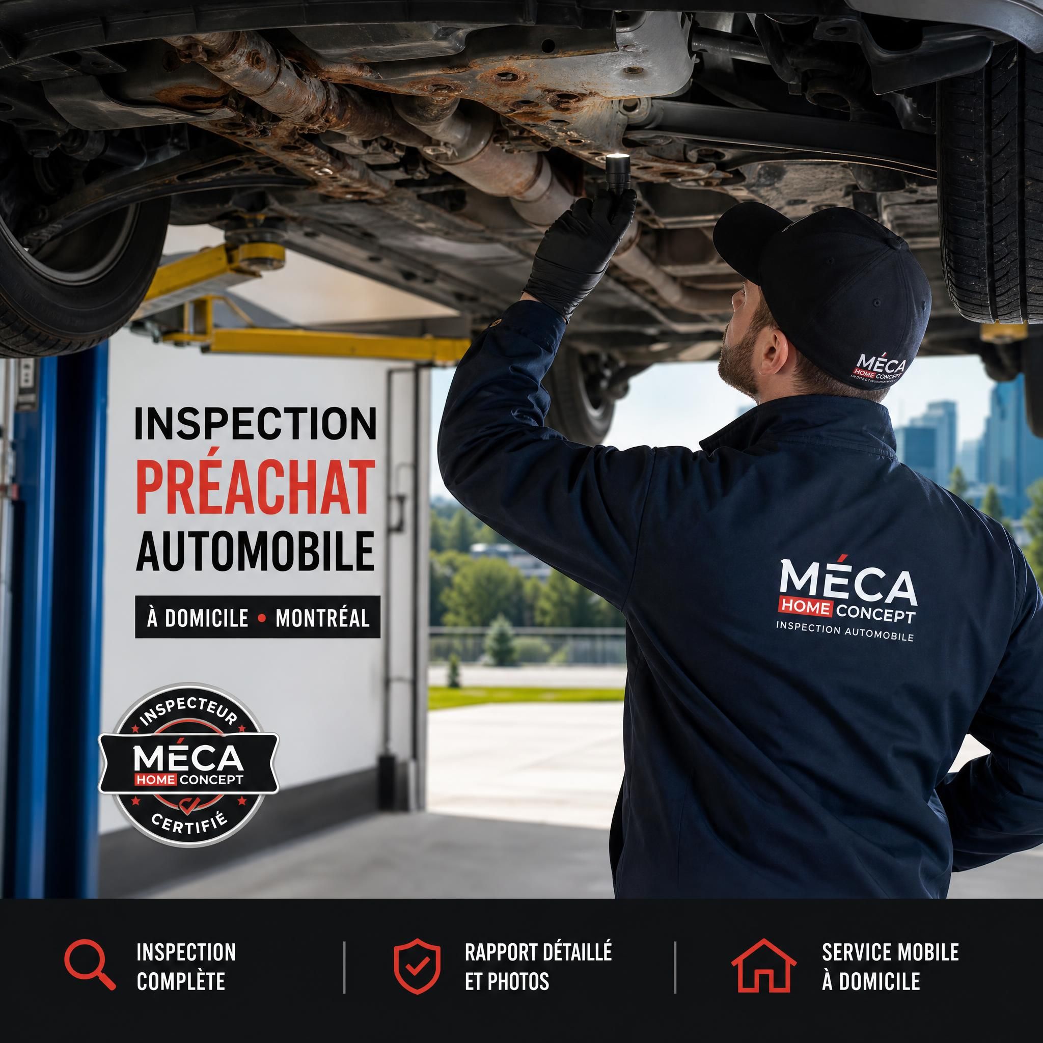 Inspecteur certifié Méca Home Concept effectuant une inspection préachat automobile à domicile à Montréal, véhicule levé pour vérification de la rouille sous le châssis