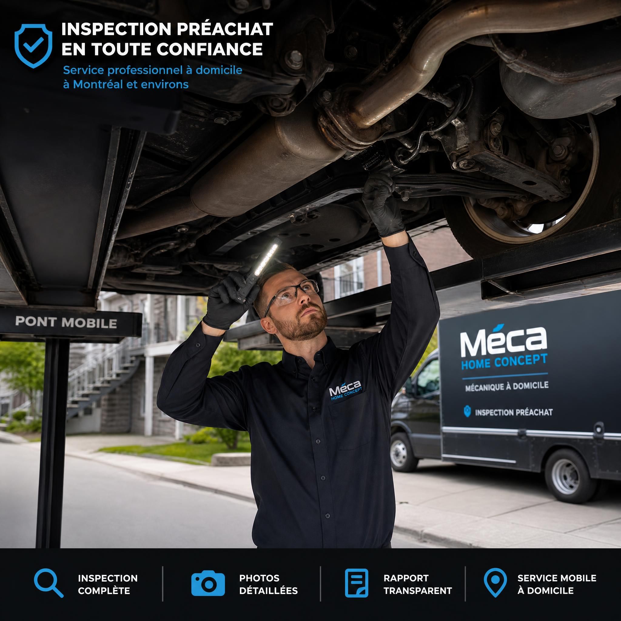 Mécanicien certifié Méca Home Concept effectuant une inspection préachat automobile à domicile à Montréal — vue sous le véhicule sur pont mobile