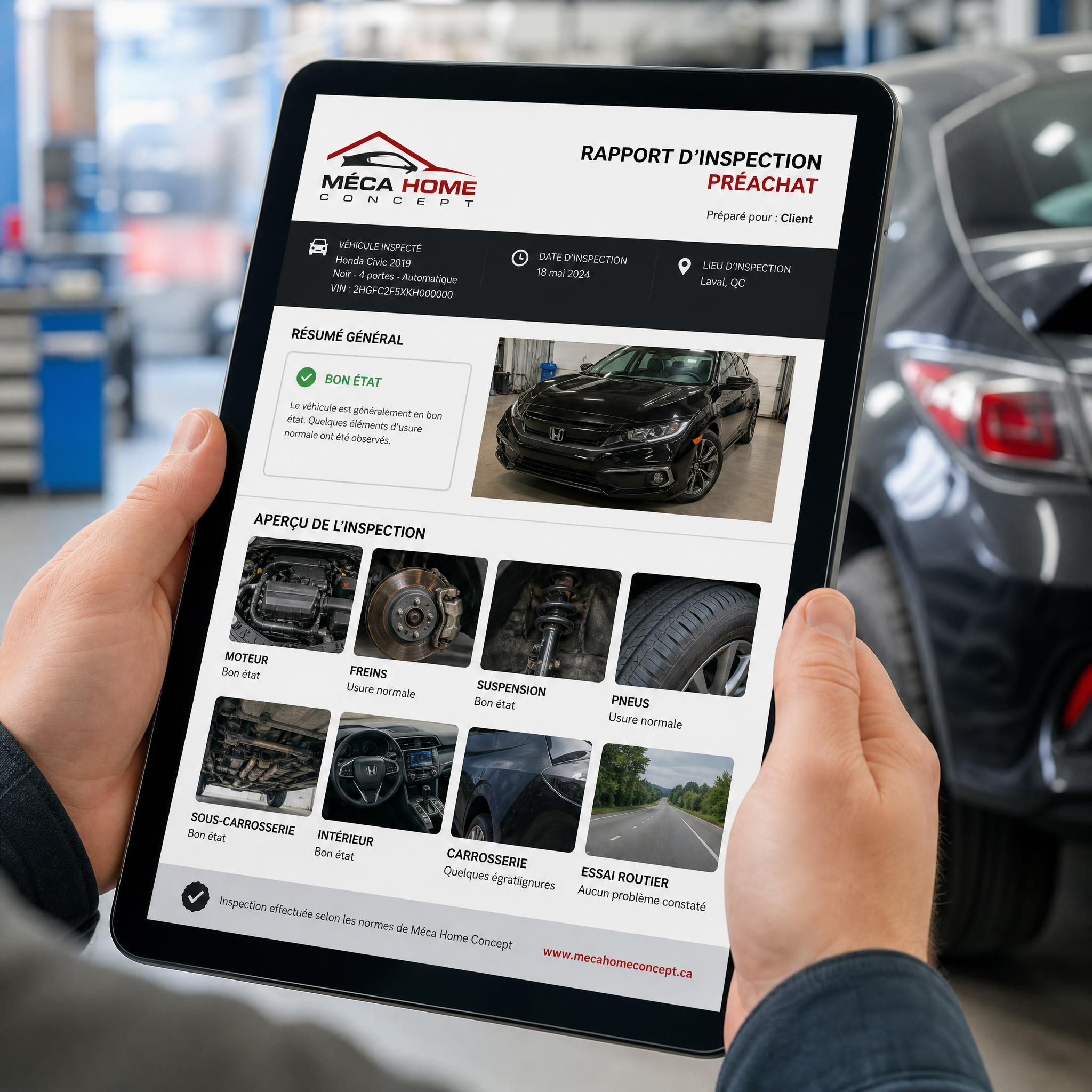 Rapport d'inspection préachat Méca Home Concept sur tablette numérique avec photos détaillées d'un véhicule d'occasion à Laval