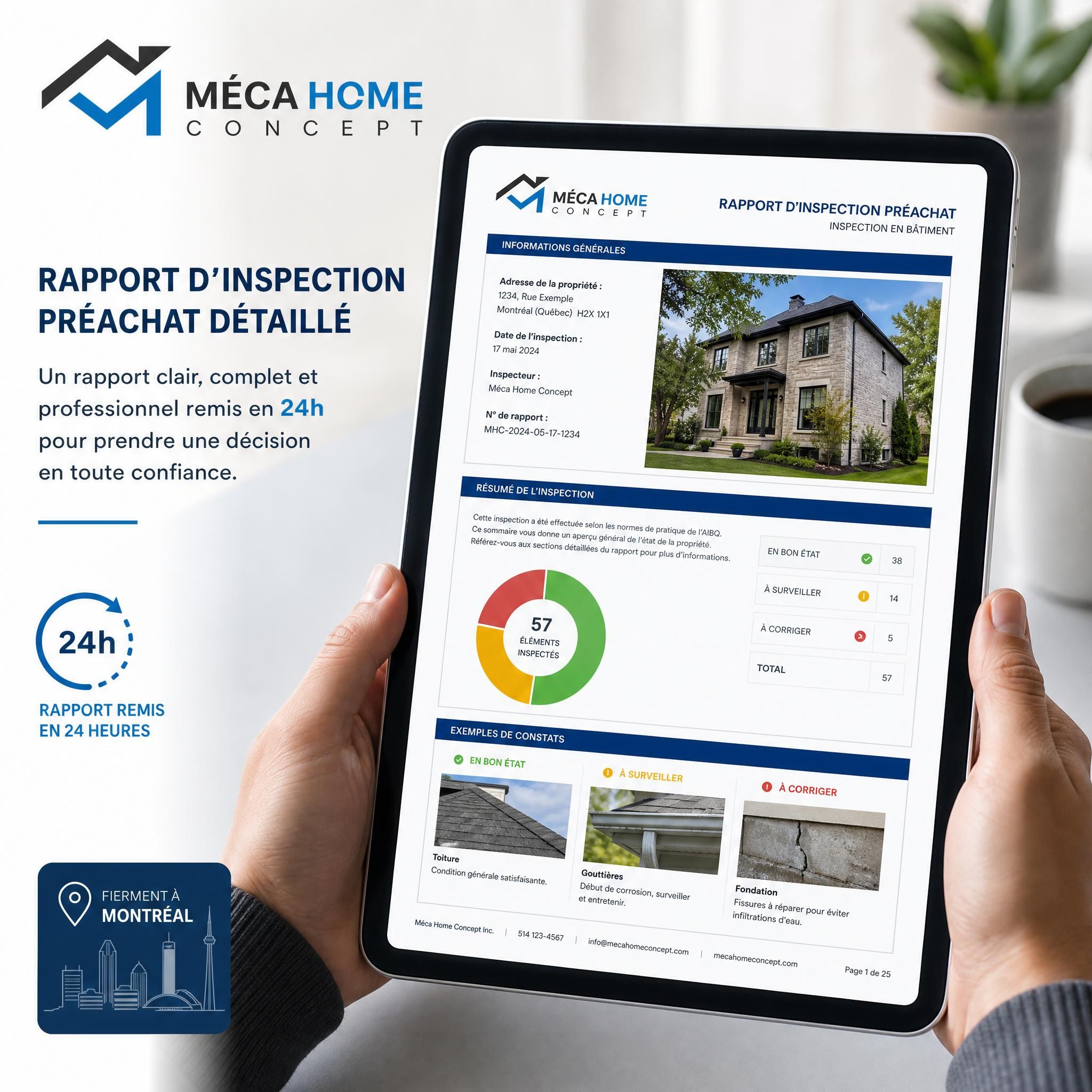 Rapport d'inspection préachat détaillé Méca Home Concept sur tablette — exemple de document remis en 24h à un acheteur à Montréal