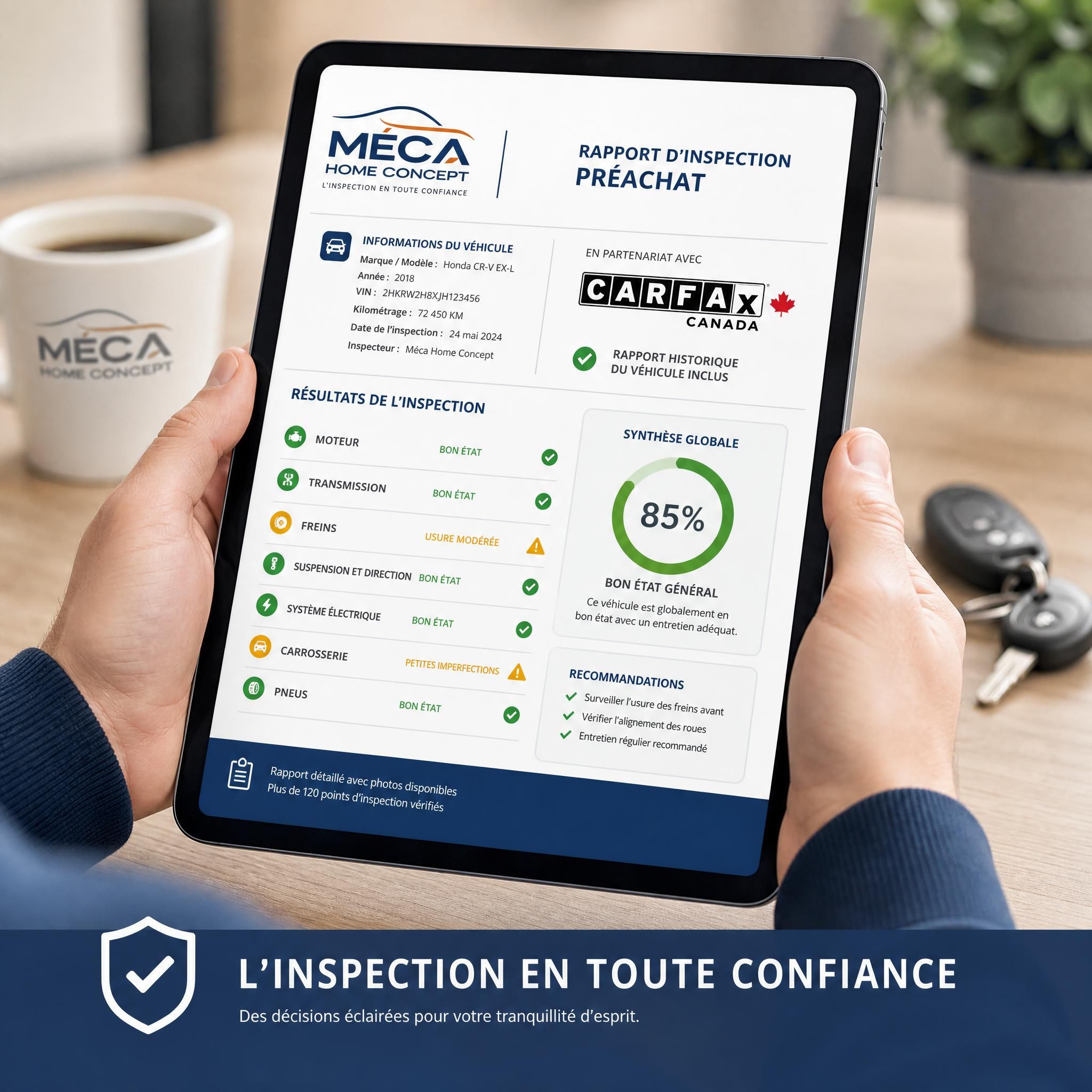Rapport d'inspection préachat Méca Home Concept sur tablette numérique avec résultats détaillés et logo CARFAX Canada