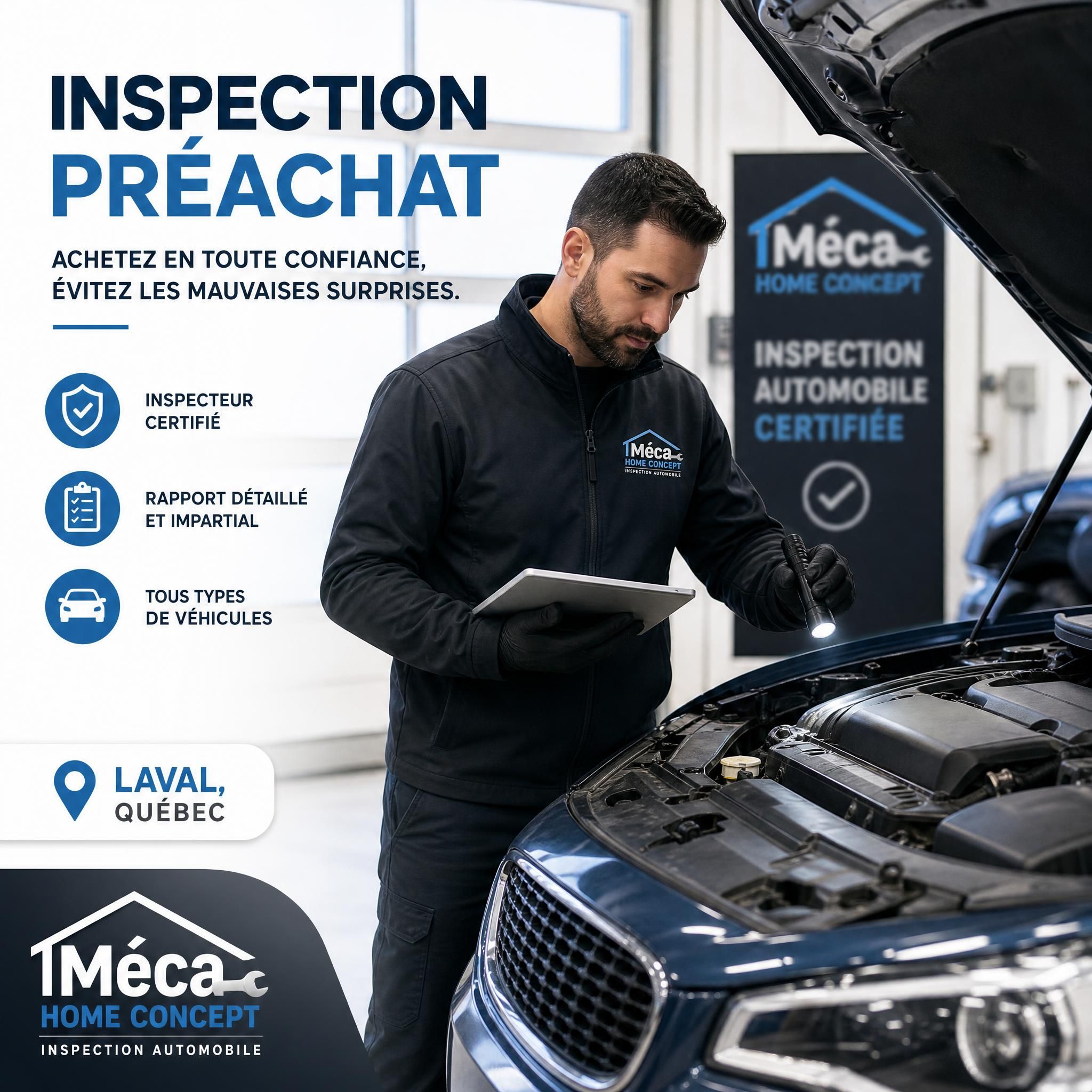 Inspecteur automobile certifié Méca Home Concept effectuant une inspection préachat d'un véhicule d'occasion à Laval, Québec