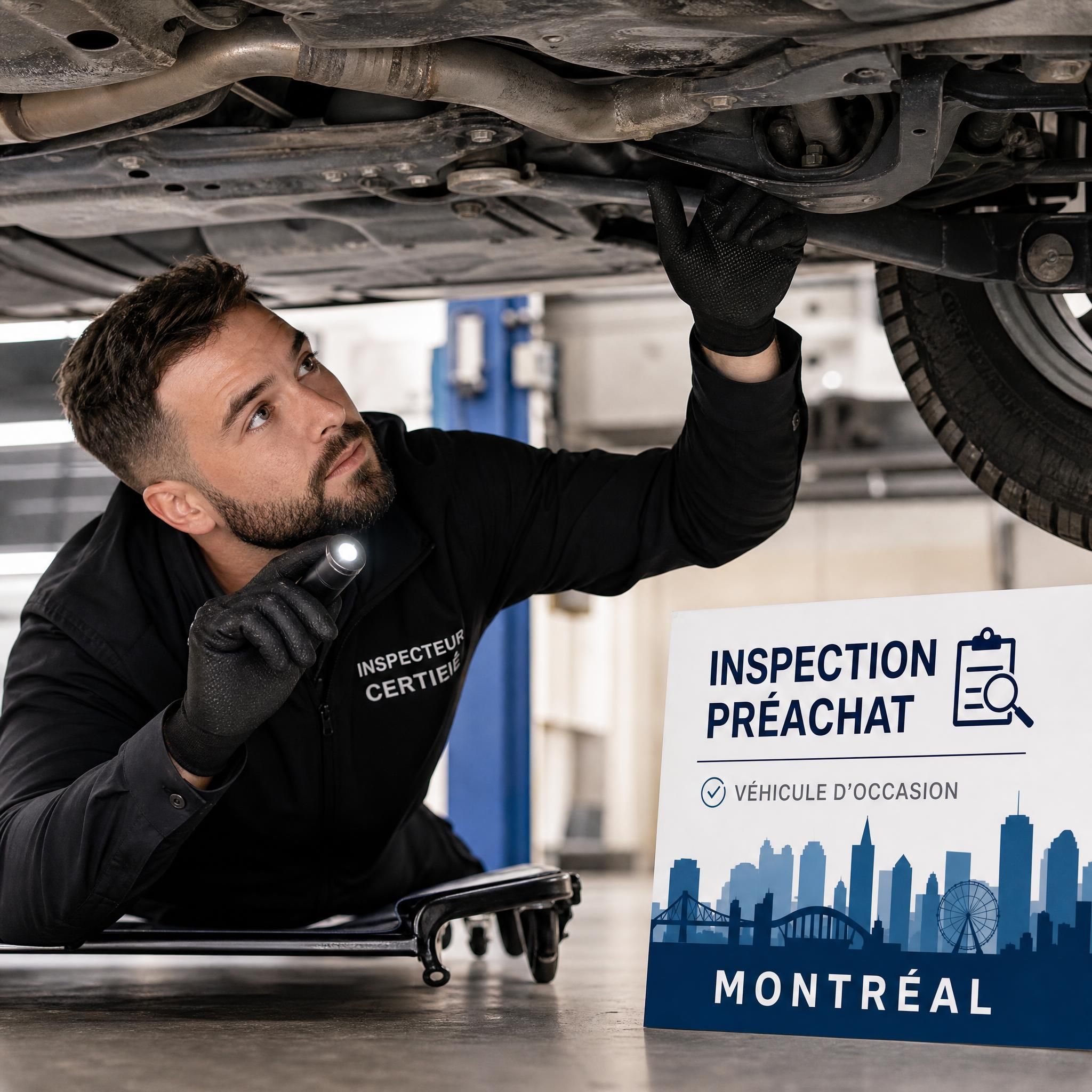 Inspecteur automobile certifié effectuant une inspection préachat sous un véhicule d'occasion à Montréal