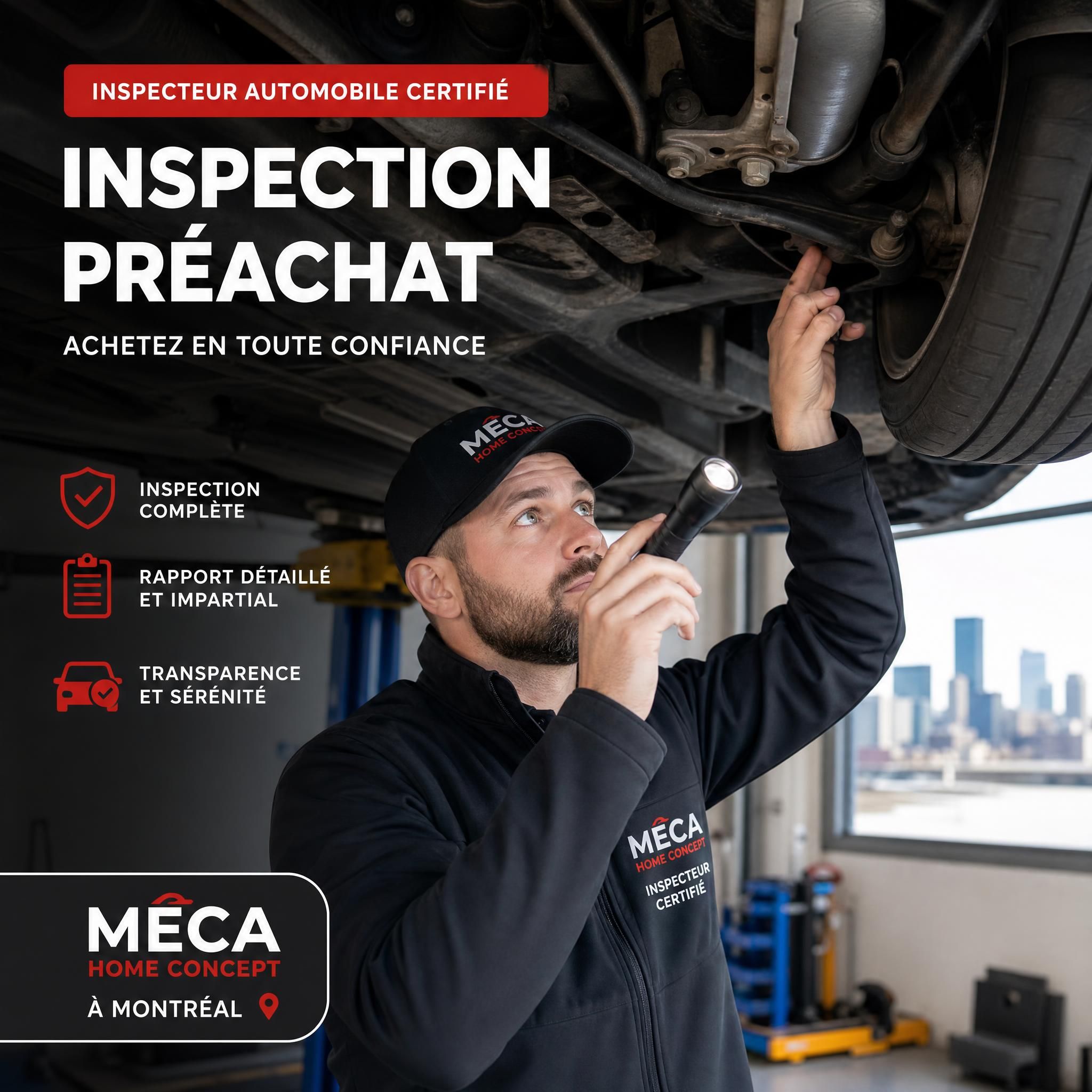 Inspecteur automobile certifié Méca Home Concept effectuant une inspection préachat sous un véhicule d'occasion à Montréal