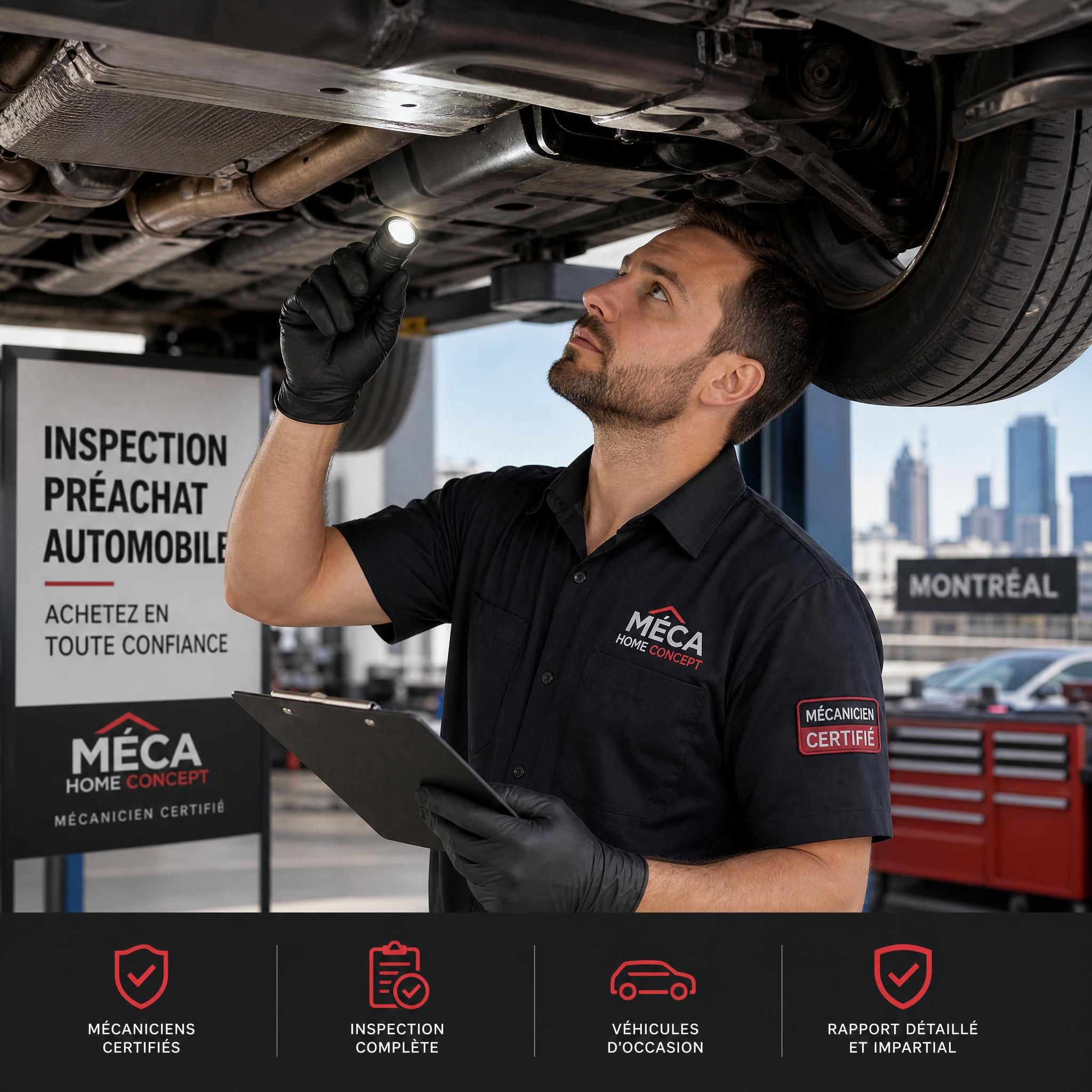 Certified mechanic from Méca Home Concept performing a pre-purchase inspection on a used vehicle in Montreal