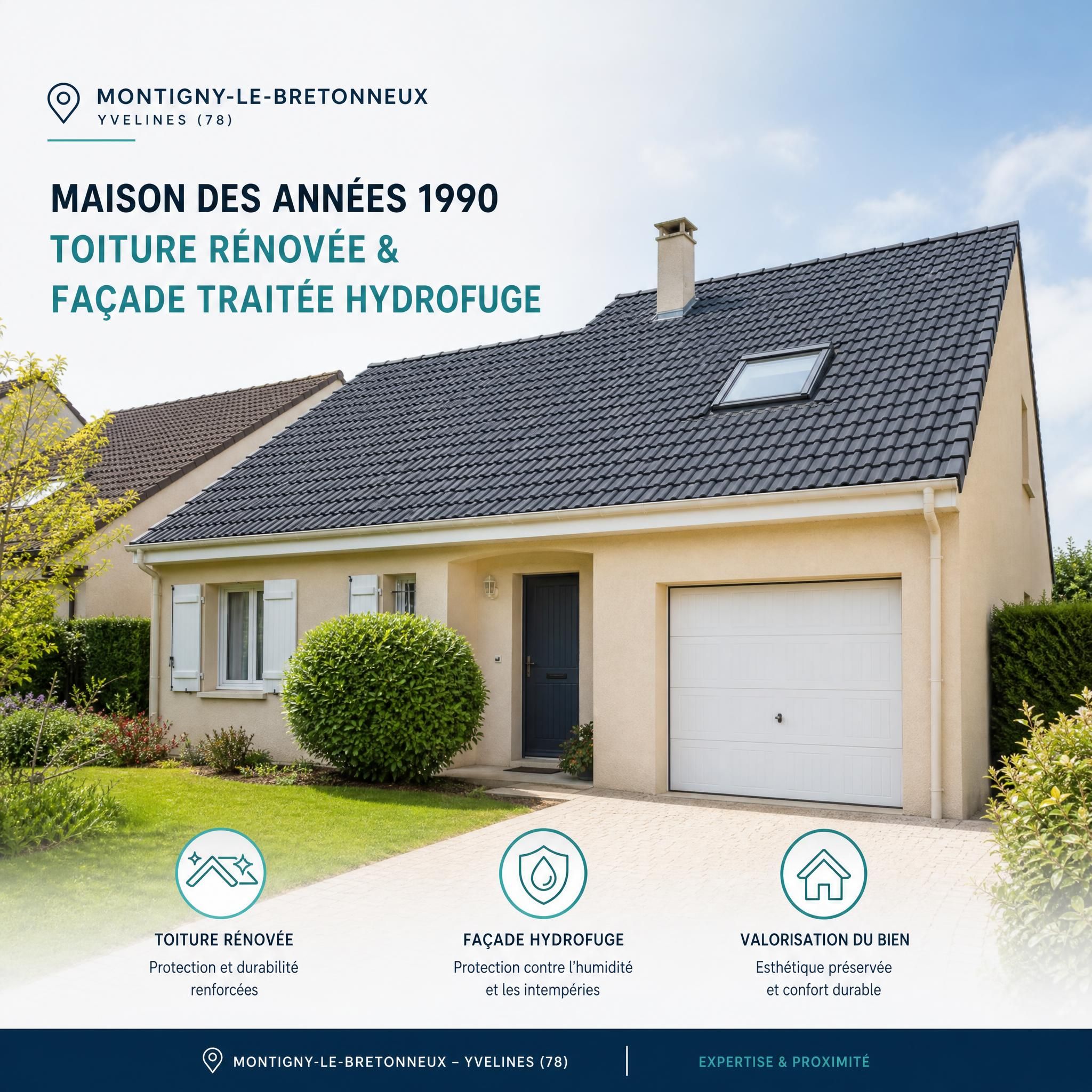 Maison individuelle des années 1990 à Montigny-le-Bretonneux avec toiture rénovée et façade traitée hydrofuge, Yvelines 78