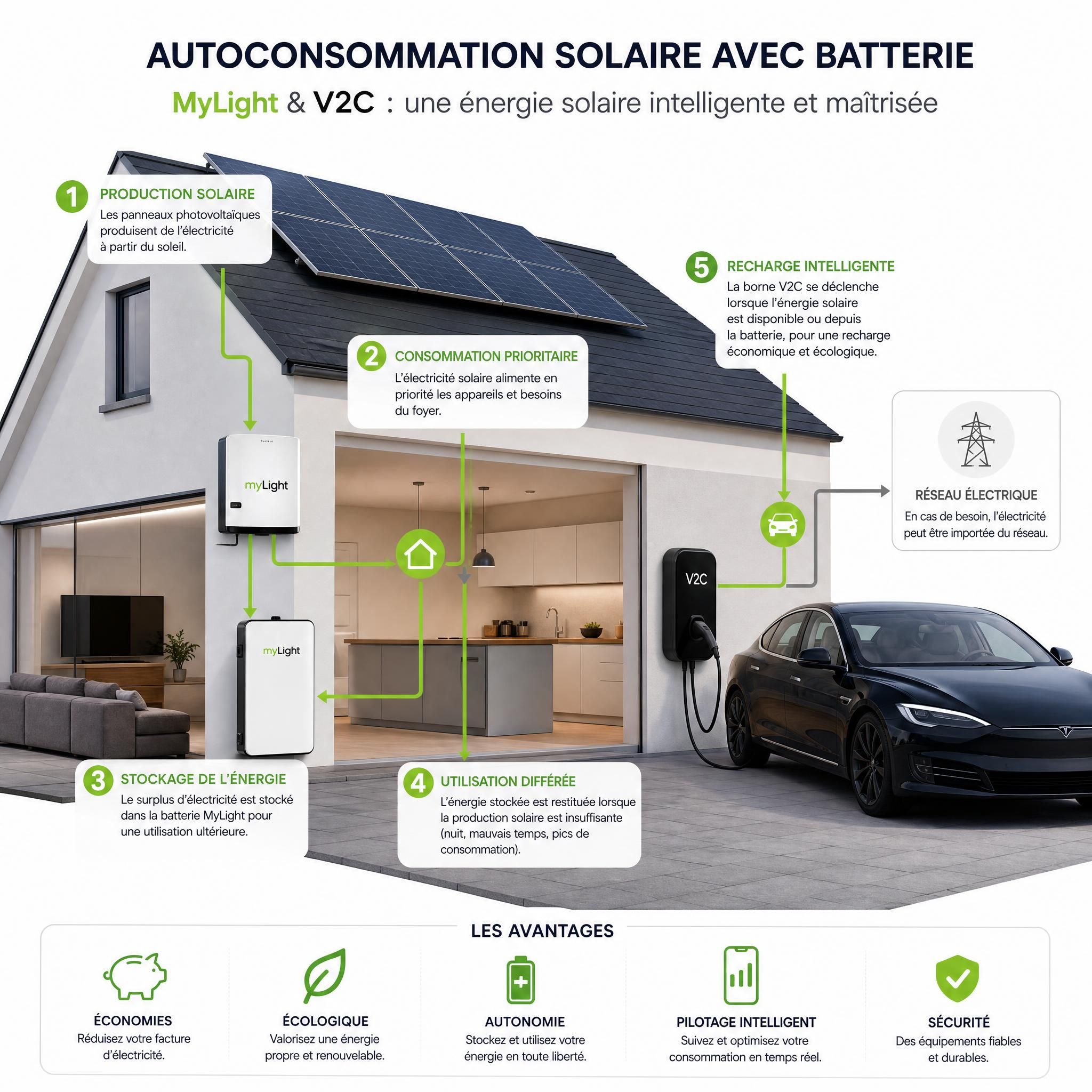 Schéma illustrant le fonctionnement de l'autoconsommation solaire avec batterie MyLight, panneaux photovoltaïques et borne de recharge électrique V2C