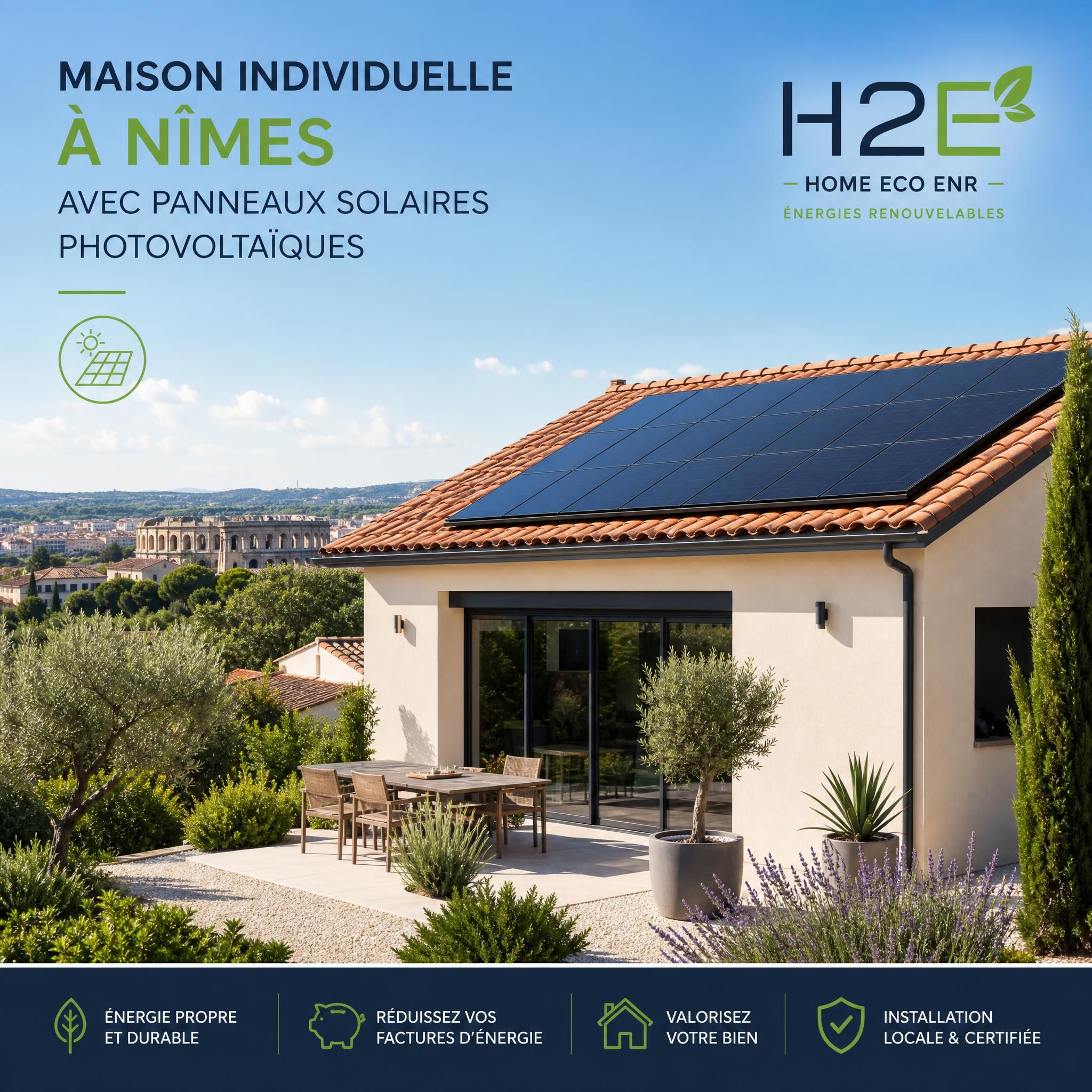 Maison individuelle à Nîmes avec panneaux solaires photovoltaïques installés sur le toit, ciel bleu méditerranéen, installation H2E Home Eco ENR
