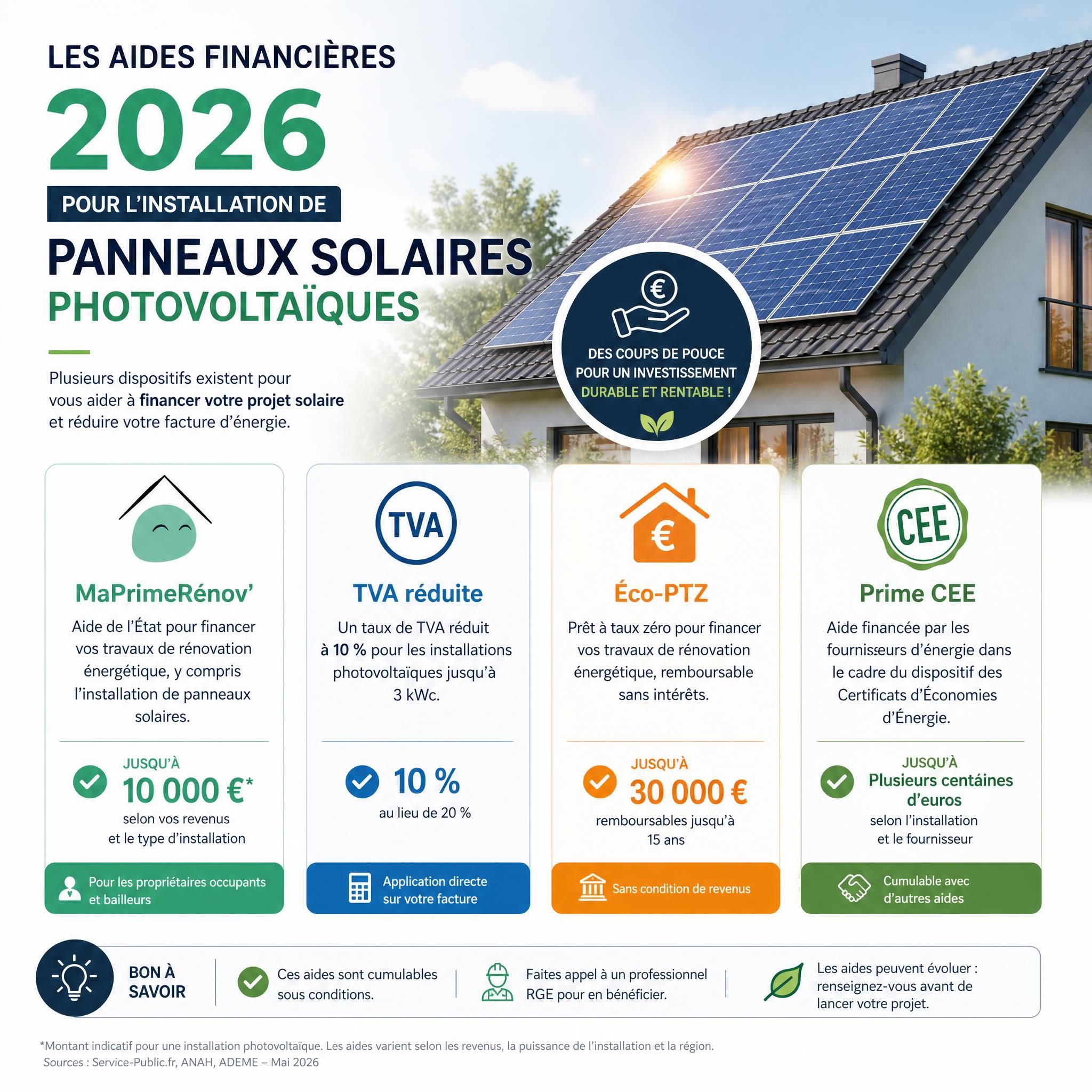 Infographie des aides financières 2026 pour l'installation de panneaux solaires photovoltaïques : MaPrimeRénov, TVA réduite, éco-PTZ, CEE