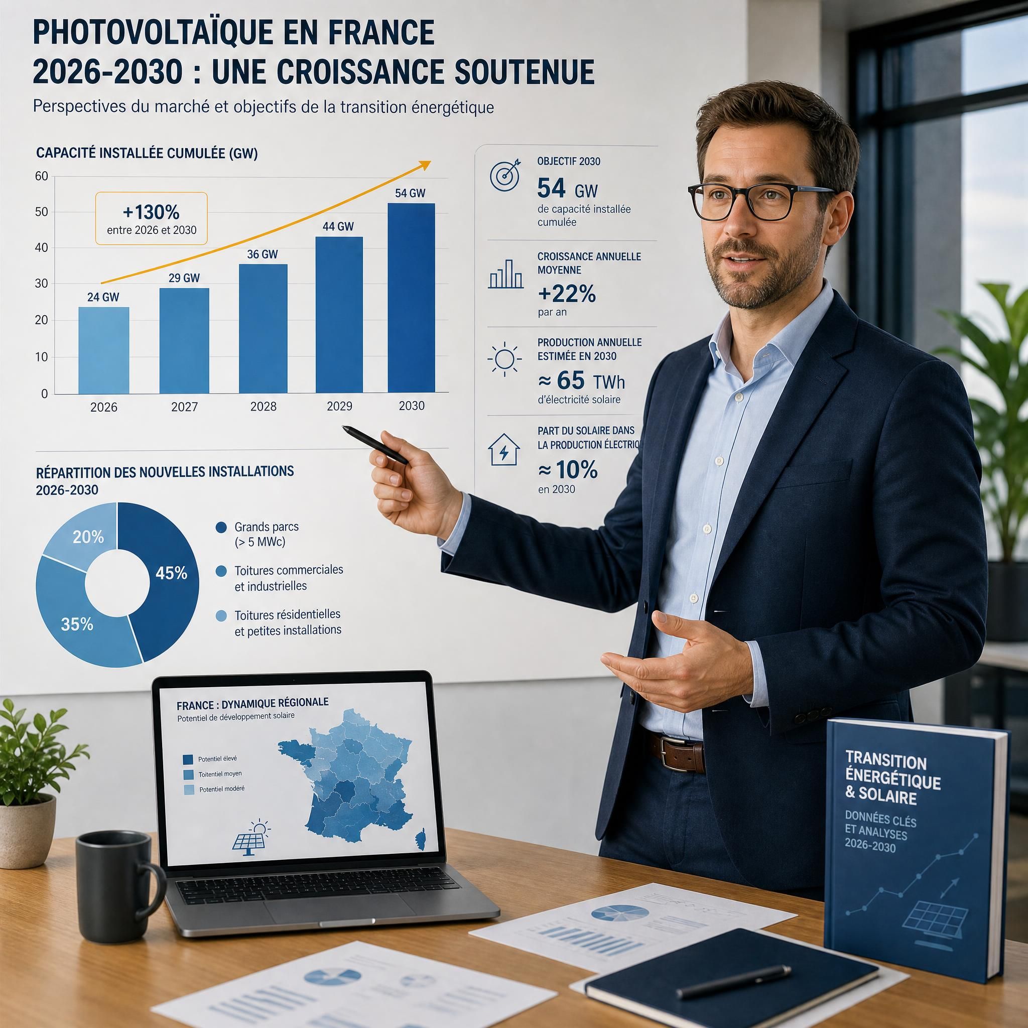 Expert analyste énergie solaire devant des graphiques de croissance photovoltaïque en France 2026-2030, bureau moderne avec données statistiques