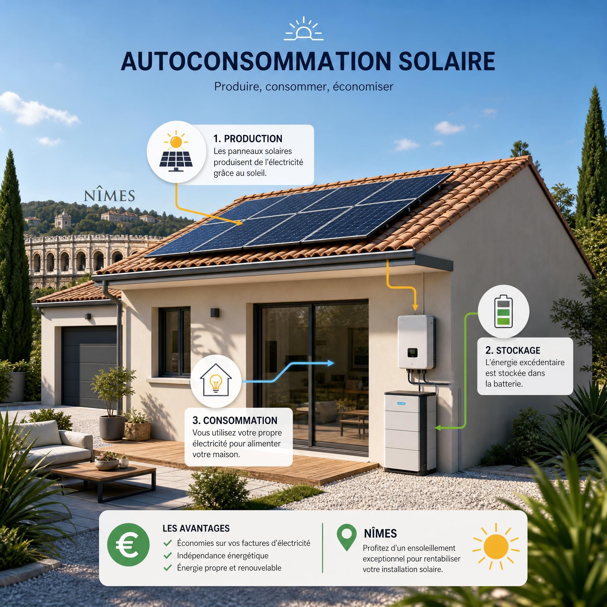 Maison individuelle à Nîmes avec panneaux solaires sur toiture, système de batterie de stockage visible, illustration de l'autoconsommation solaire résidentielle