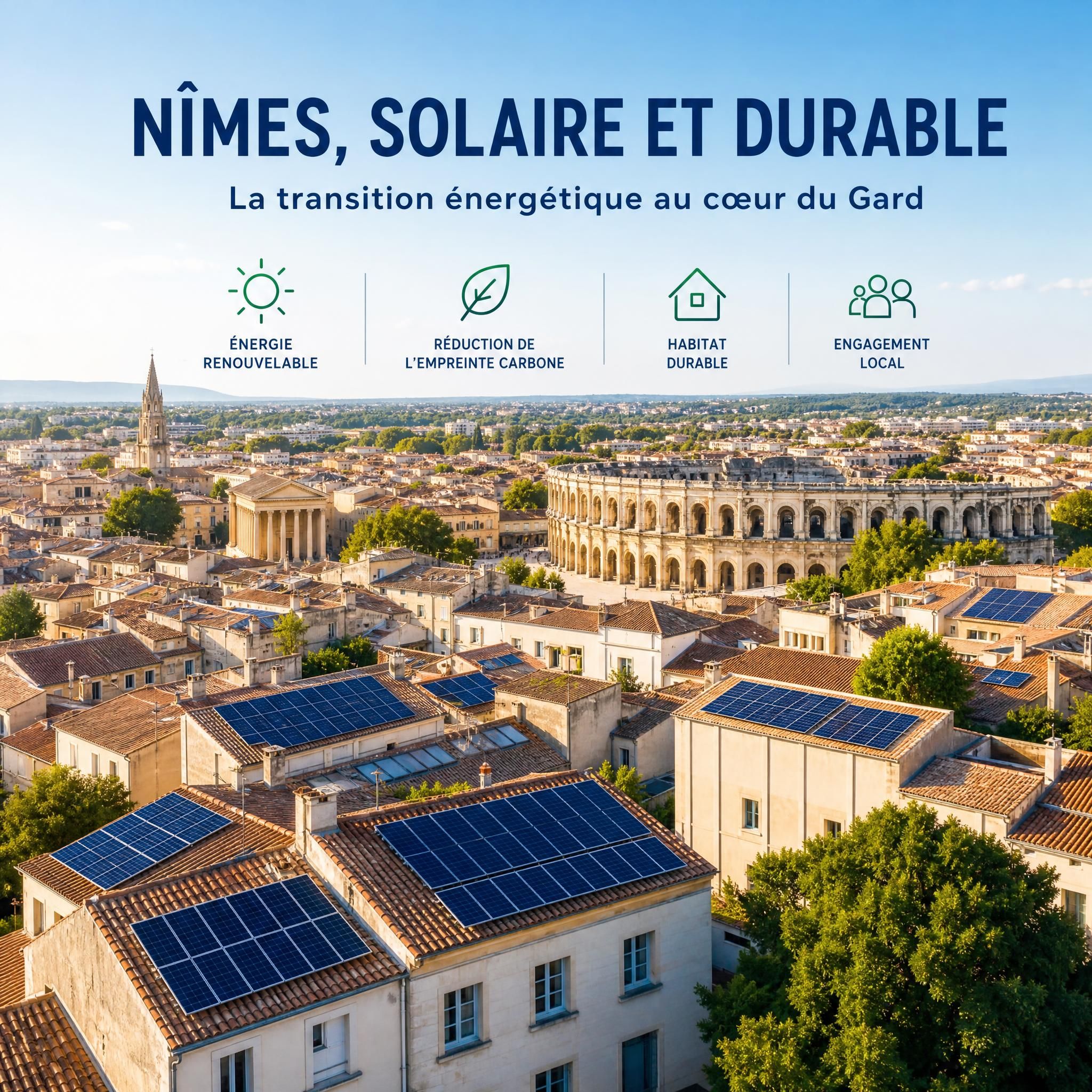Vue aérienne de Nîmes avec toits équipés de panneaux solaires, paysage ensoleillé du Gard, illustration de la transition énergétique locale