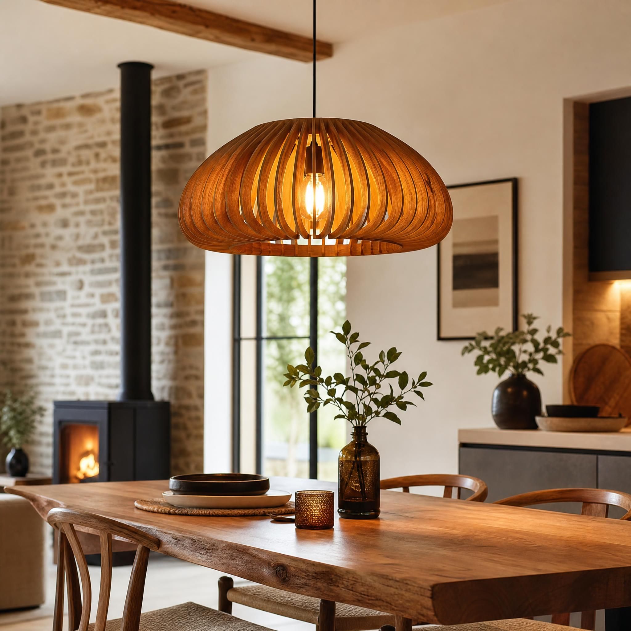 Luminaire en bois artisanal suspendu au-dessus d'une table à manger dans un intérieur rénové chaleureux, ambiance lumineuse dorée