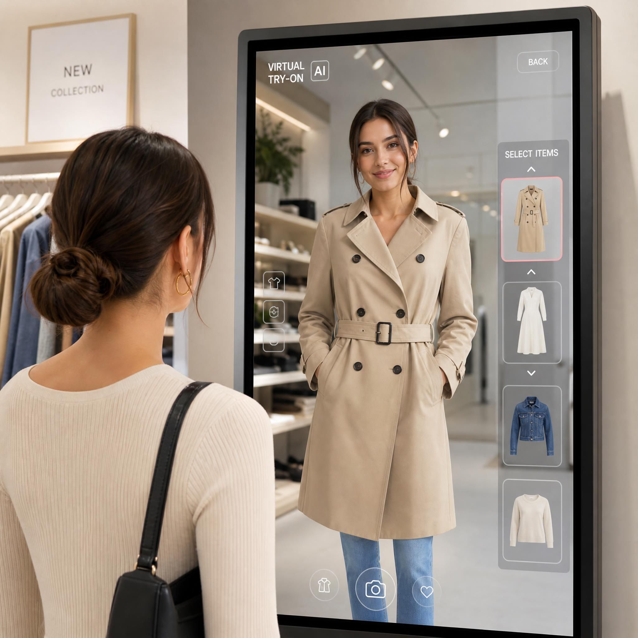 Fashion brand virtual try-on AI clothing overlay on large retail screen showing real-time garment simulation