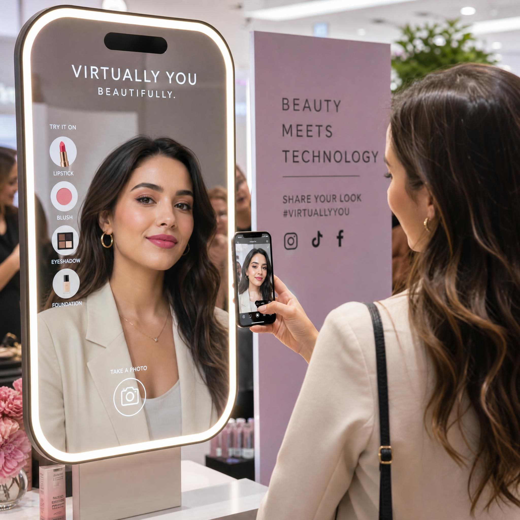 Customer using AR mirror at beauty brand event, sharing try-on photo on smartphone for social media