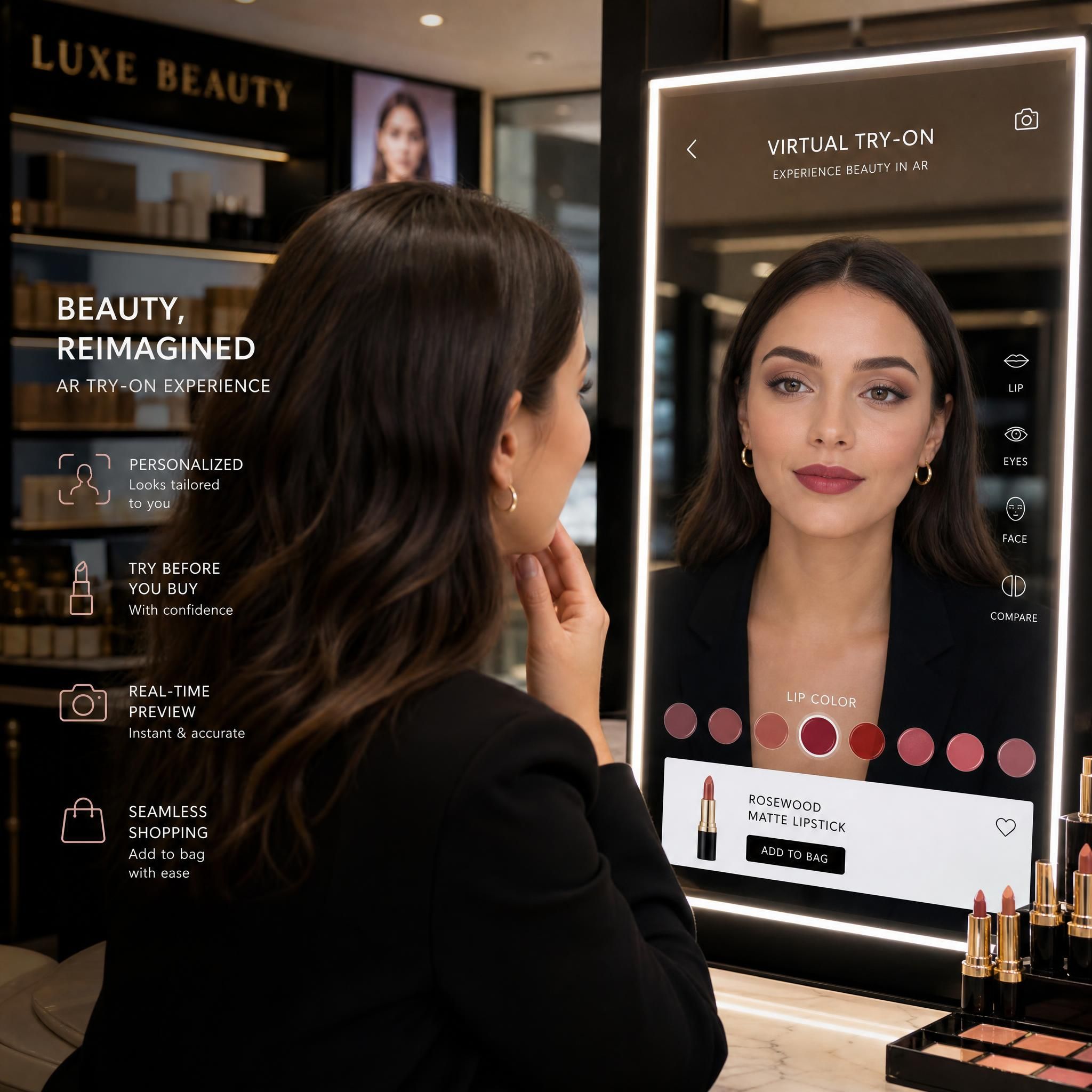 AR mirror virtual try-on experience in a luxury beauty retail store with a customer trying on makeup digitally