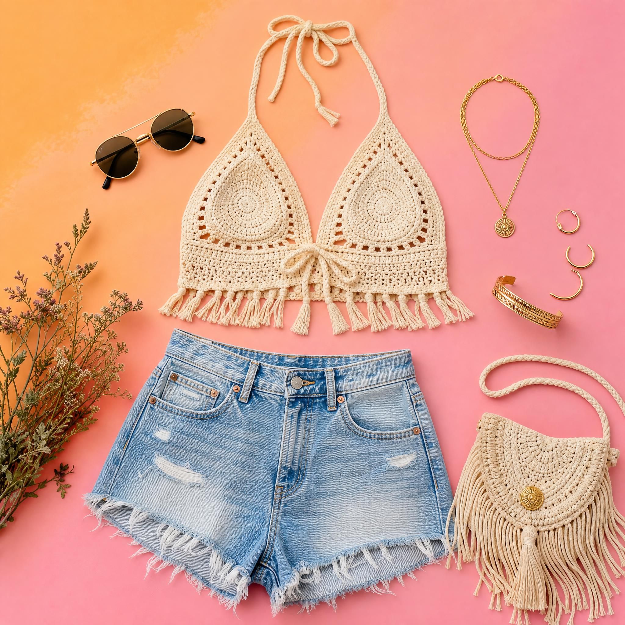 Flat lay de vêtements festival tendance 2026 : top crochet, short en jean, accessoires dorés et lunettes de soleil sur fond coloré